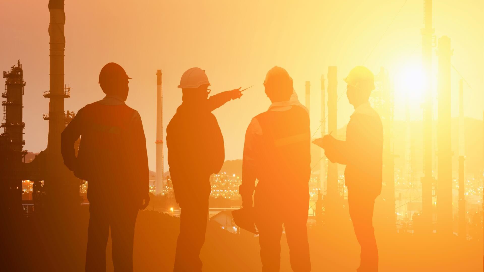 Five engineers in hard hats silhouetted against industrial plant facilities and the setting sun
