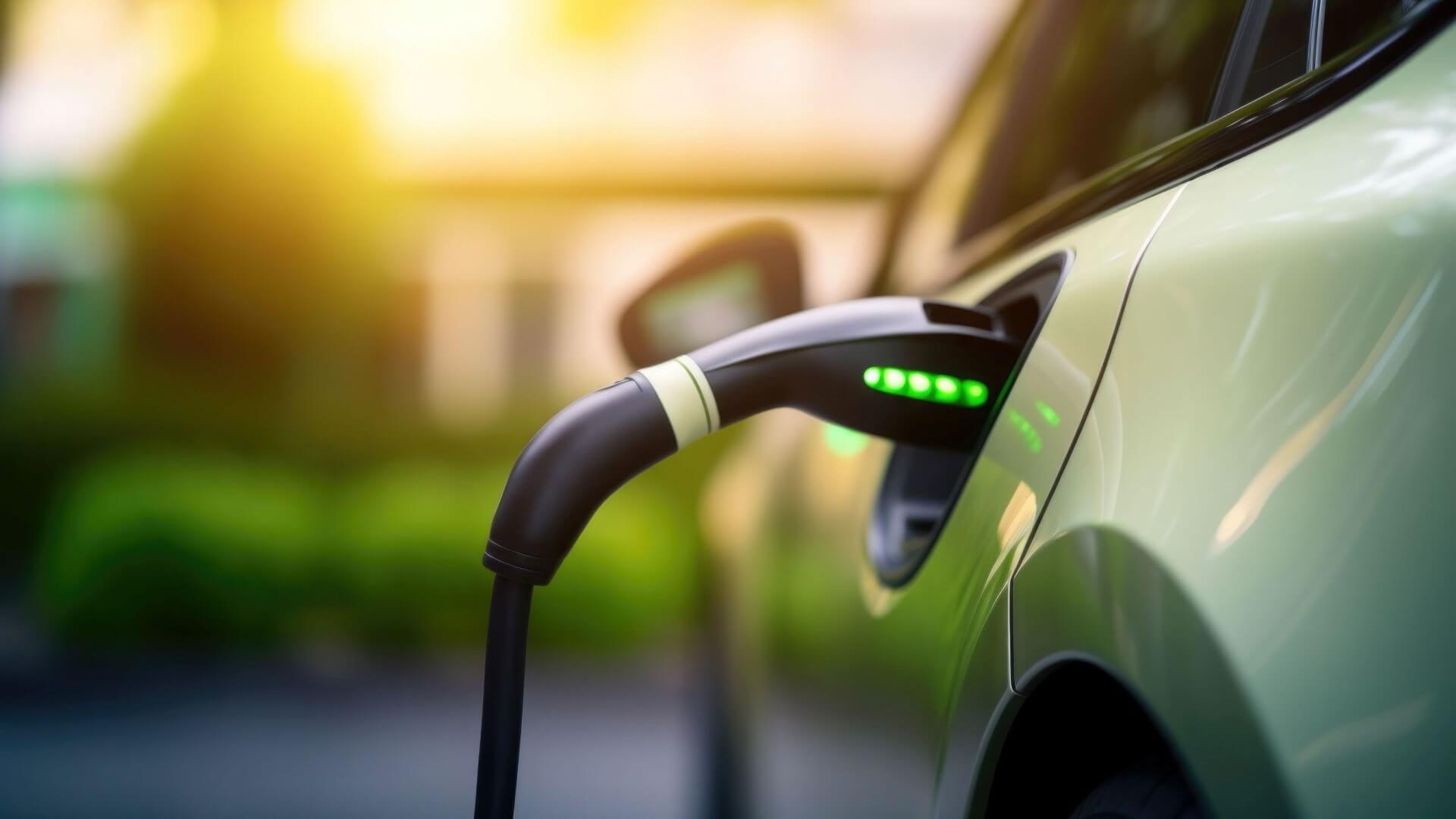 Close up of electric charger plugged into electric vehicle