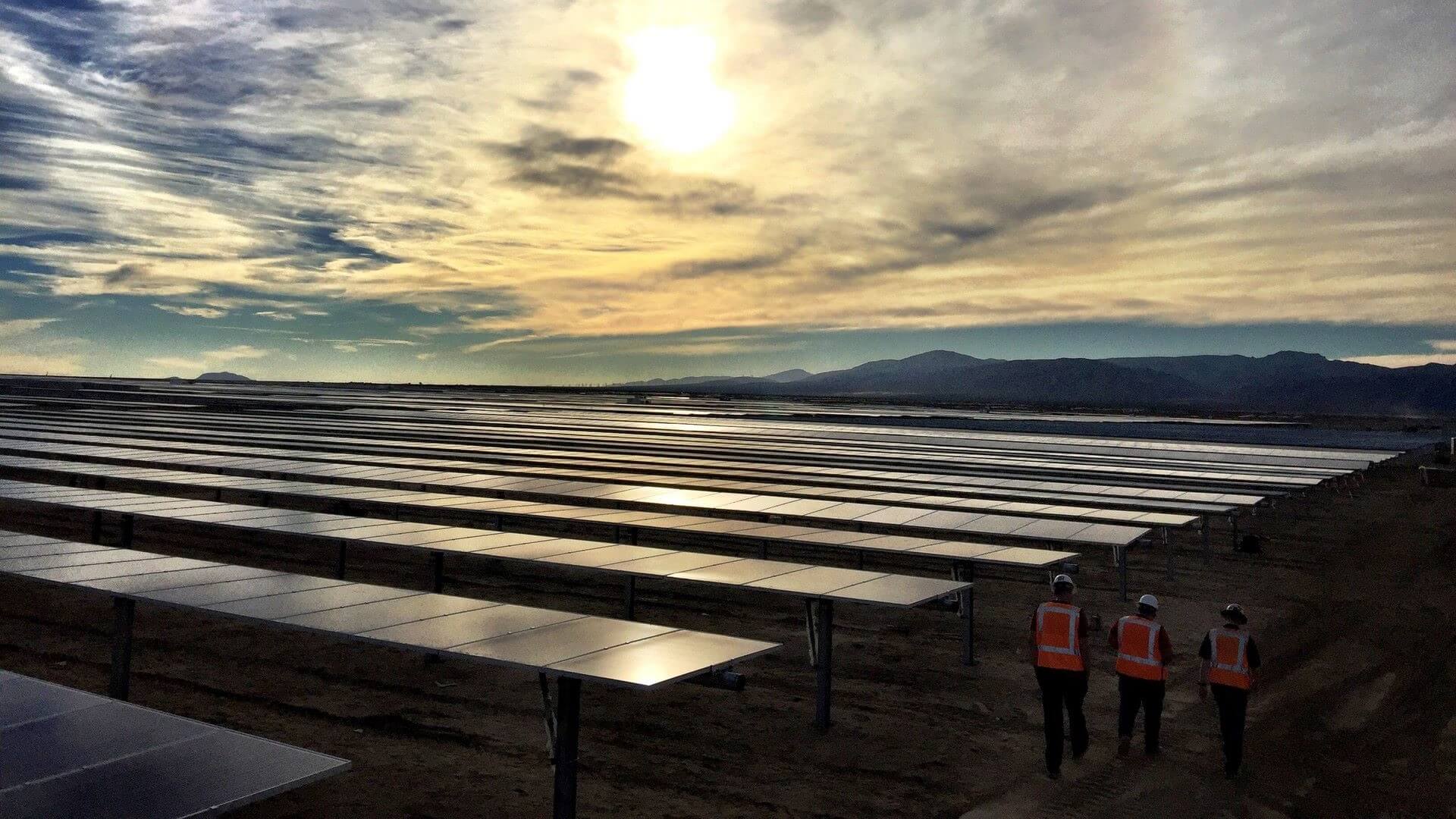 Sunset over solar park in Mojave Desert, US