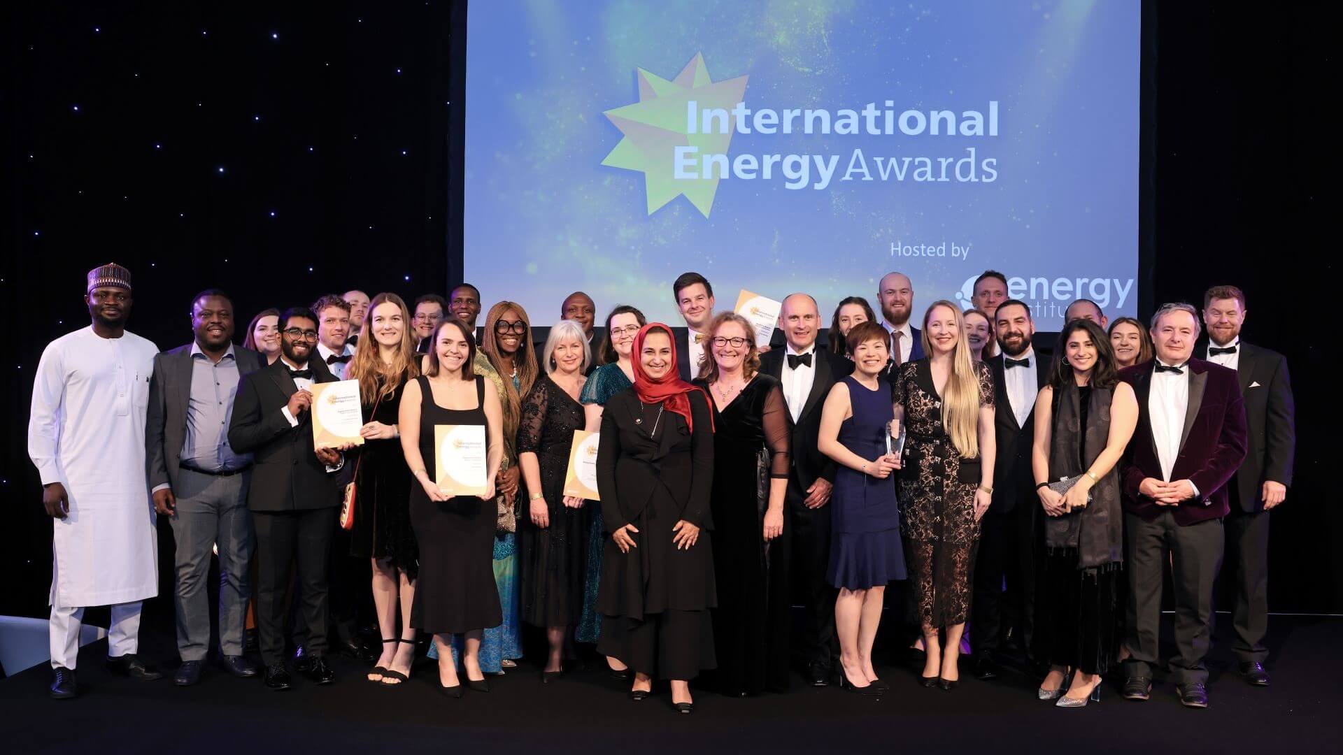 Representatives of winners and those highly commended in the 2024 Energy Institute International Energy Awards, lined up on stage