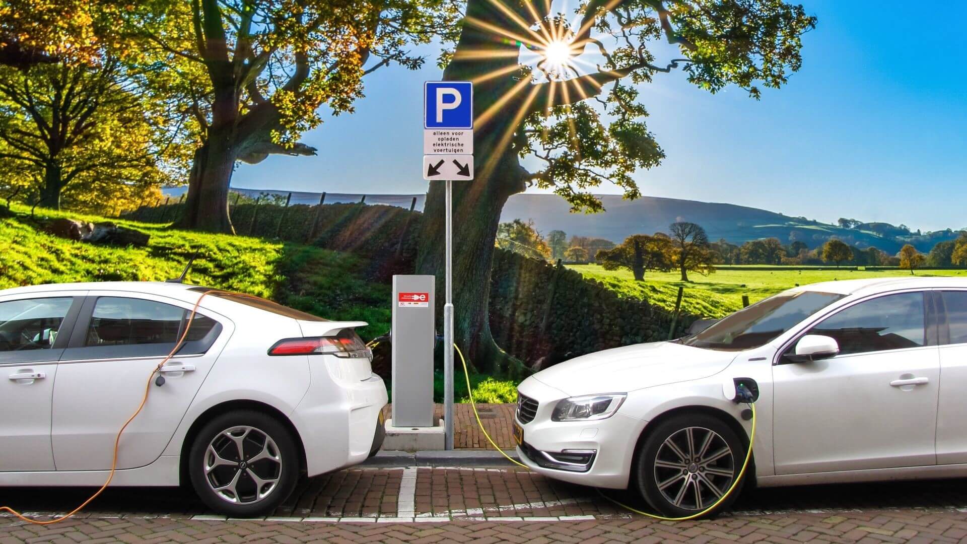 Two electric vehicles parked on at charging point