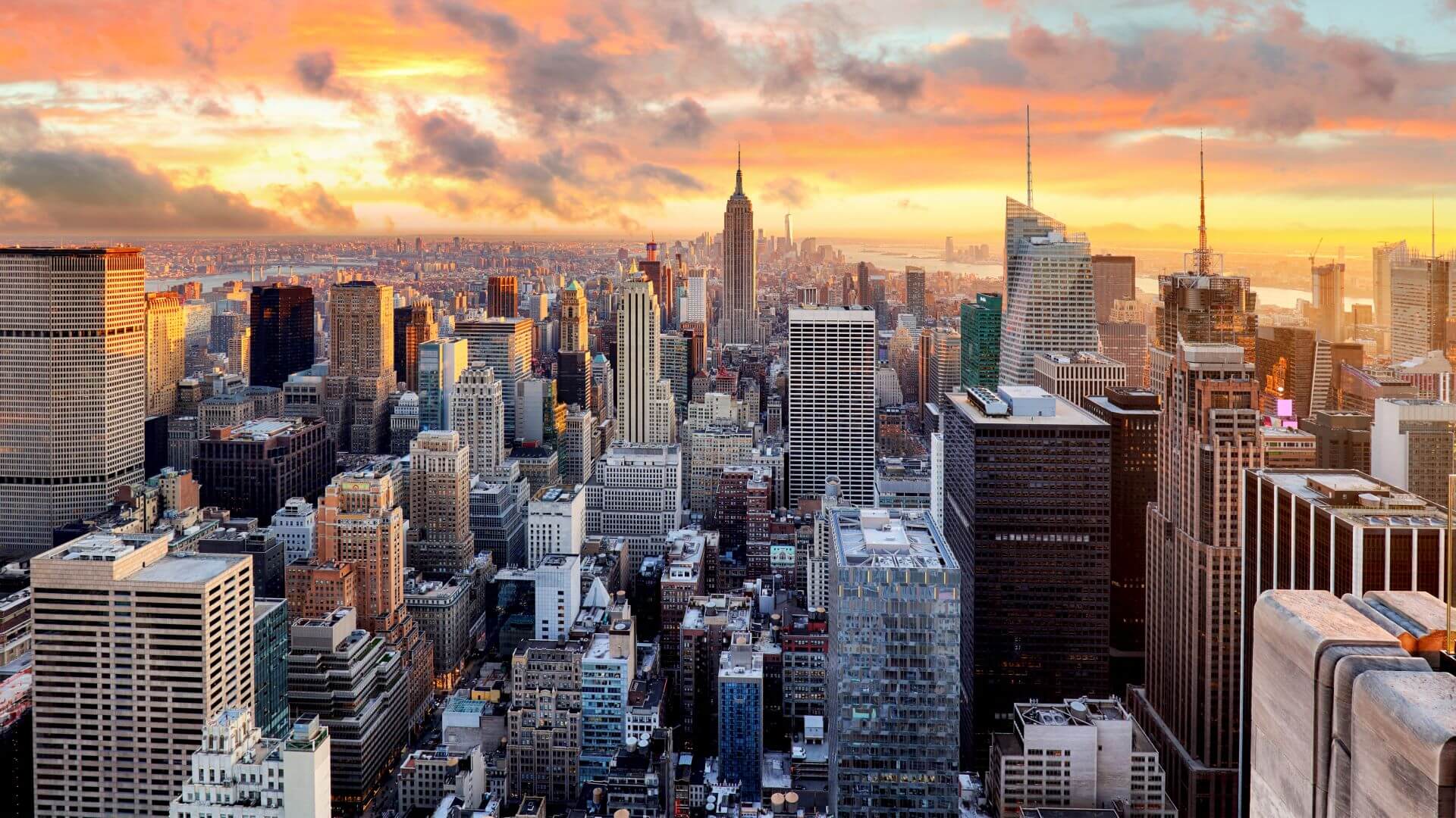 New York City skyline at sunset