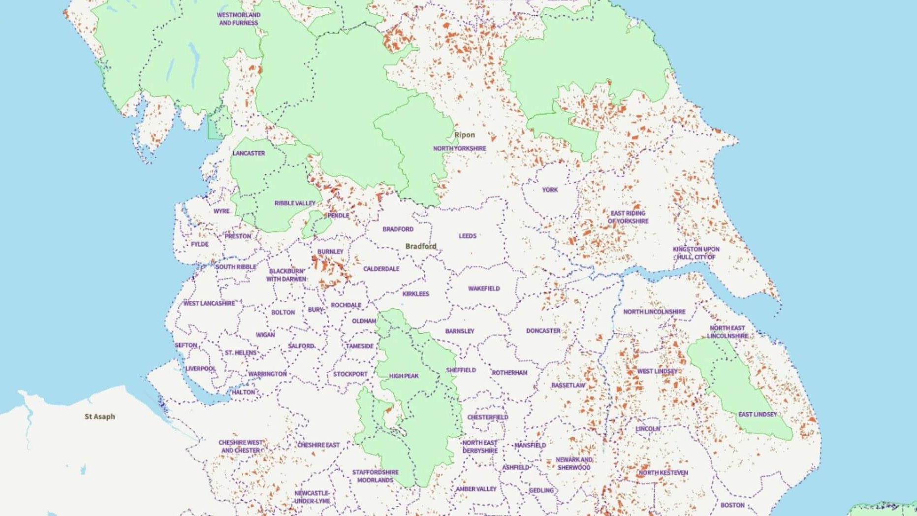 Map of Northern England showing potential solar development areas