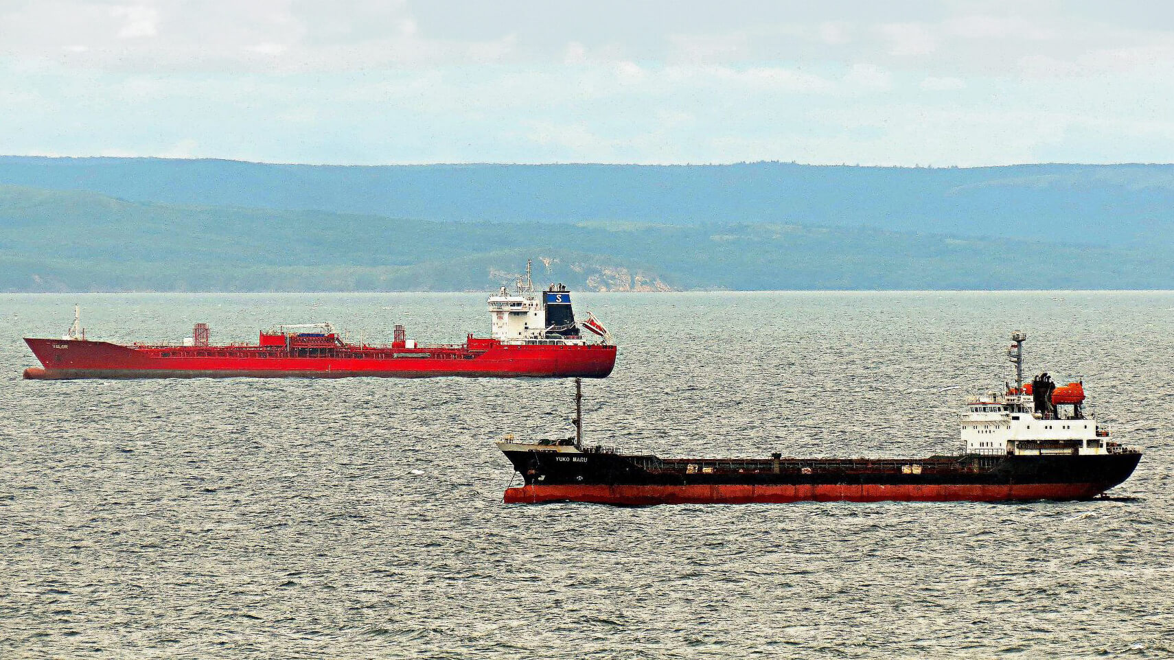 Two red hulled tankers in grey calm sea, heading in opposite directions, land and sky in background