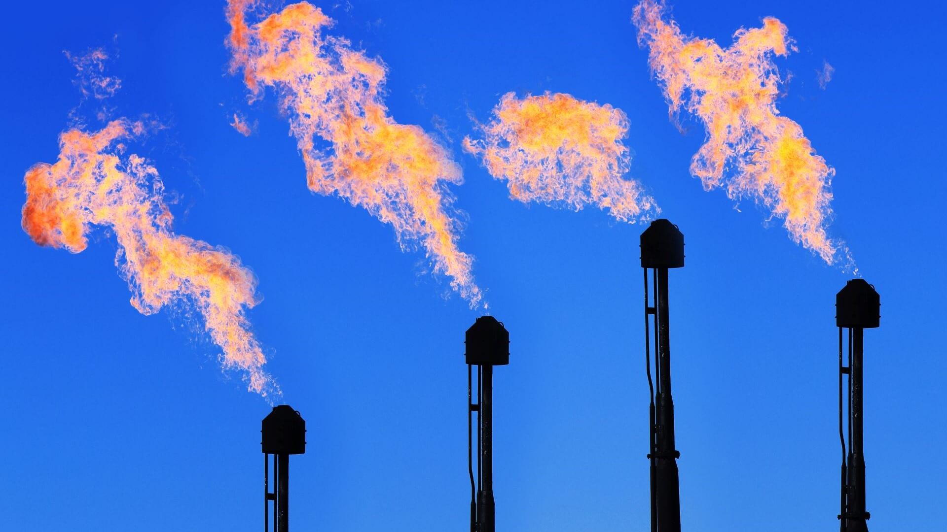 Four silhouetted gas flares in a row, with bright orange flames set against deep blue sky