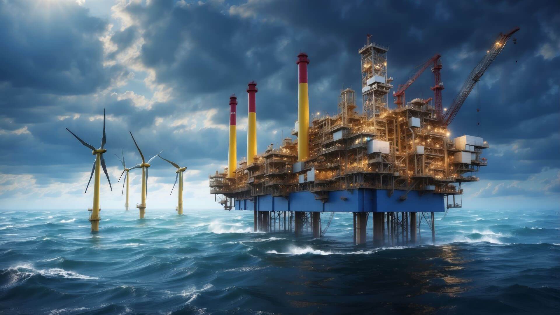 CGI rendering of an oil platform in choppy seas, with four wind turbines to the left