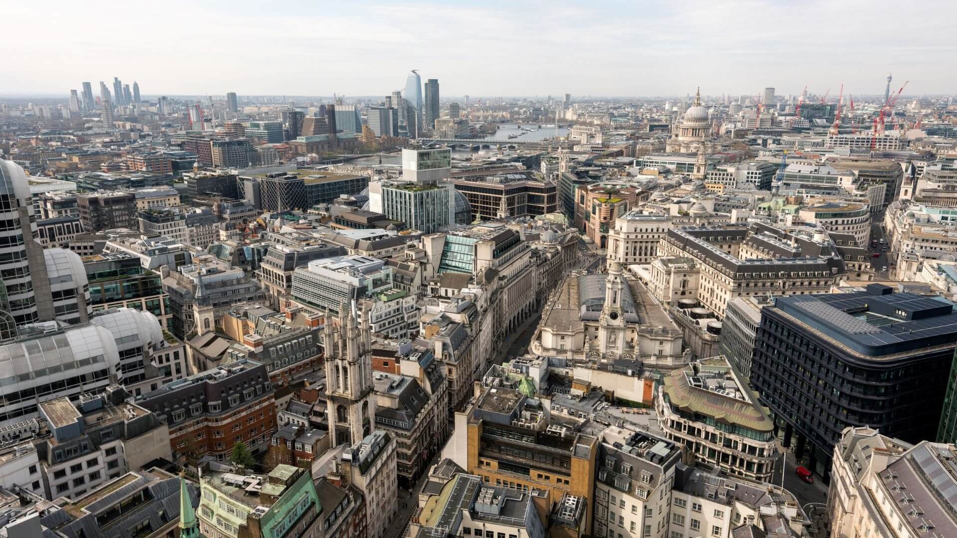 Aerial view over London buildings 