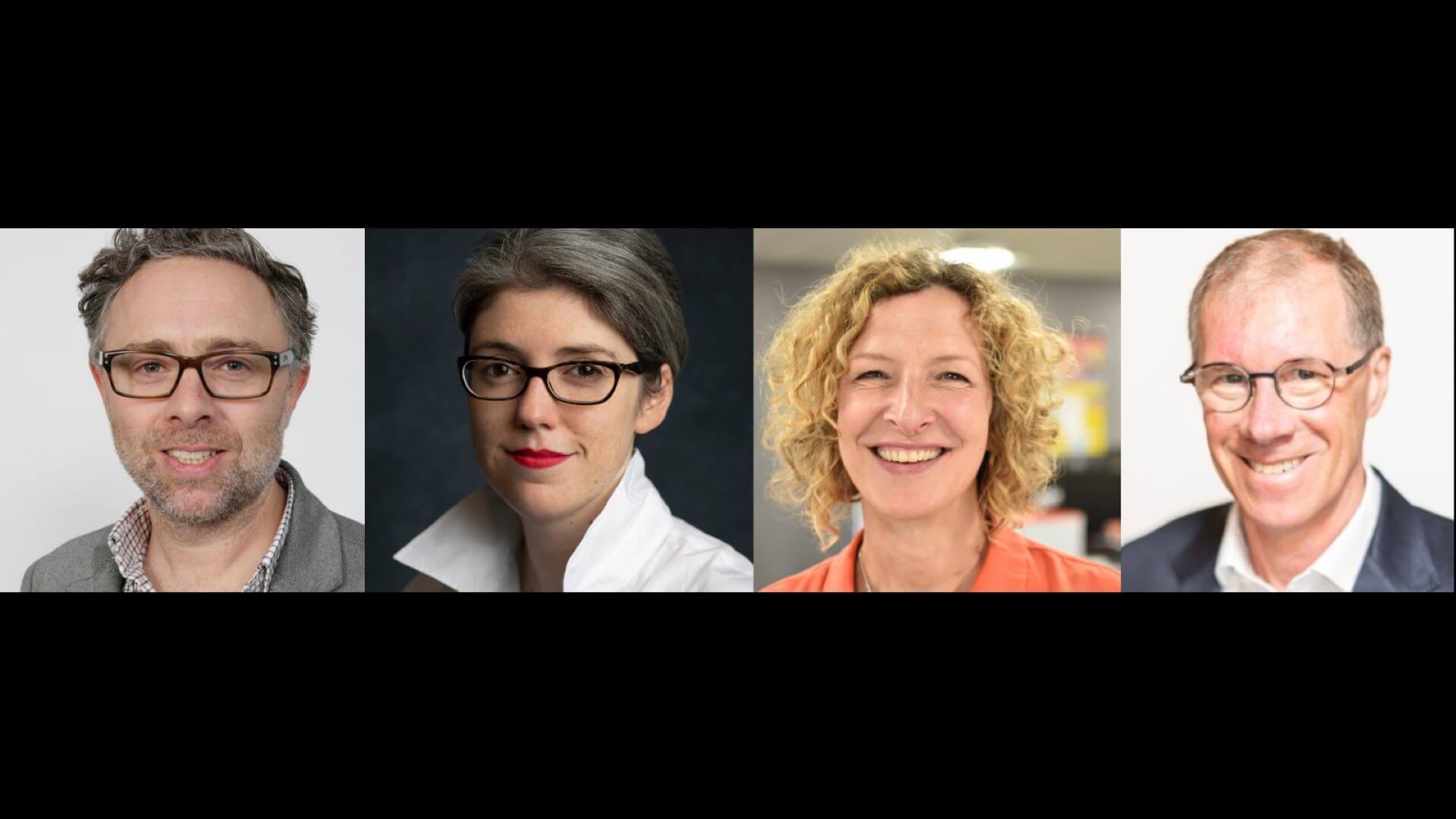 Individual head and shoulder photos of four speakers (two men and two women), set side by side