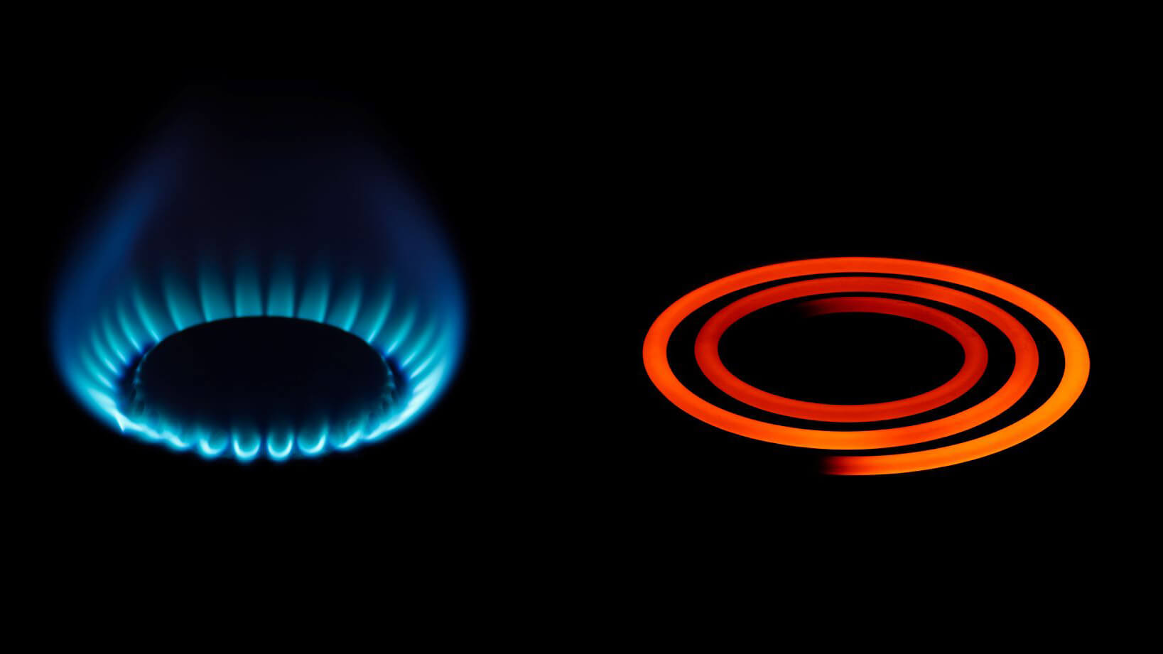 Cooker gas burner burning blue on left of pix, red hot electric stove ring on right; both floating in black background