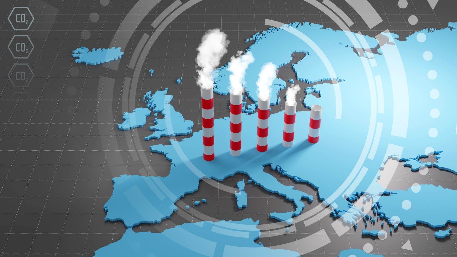 Map of Europe graphic with four chimney stacks