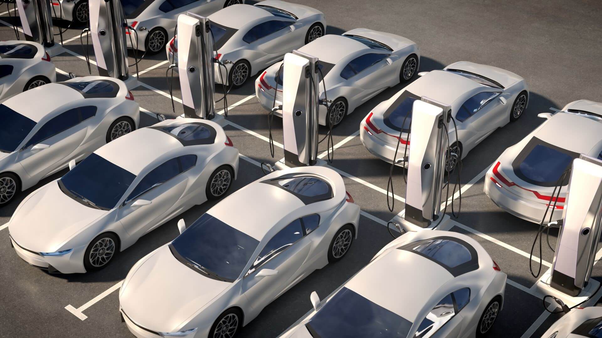 Illustration of electric cars being charged in rows
