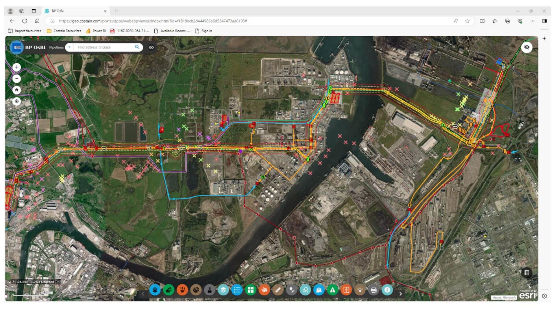 An annotated digital map of a section of the intended route of the overground CO2 pipeline, as part of the Costain FEED work for the East Coast Cluster