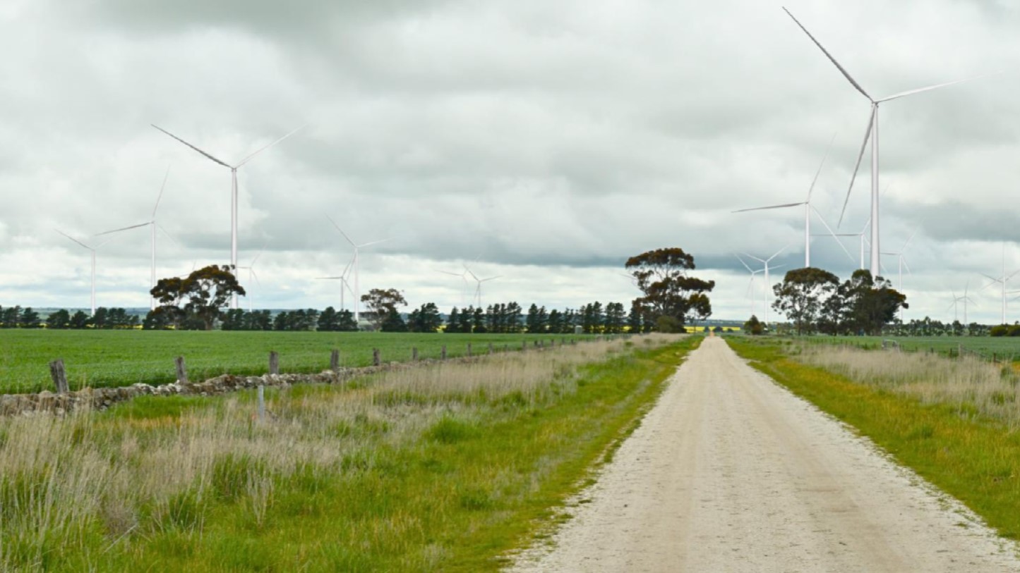 Onshore wind turbines in a field with grey sky