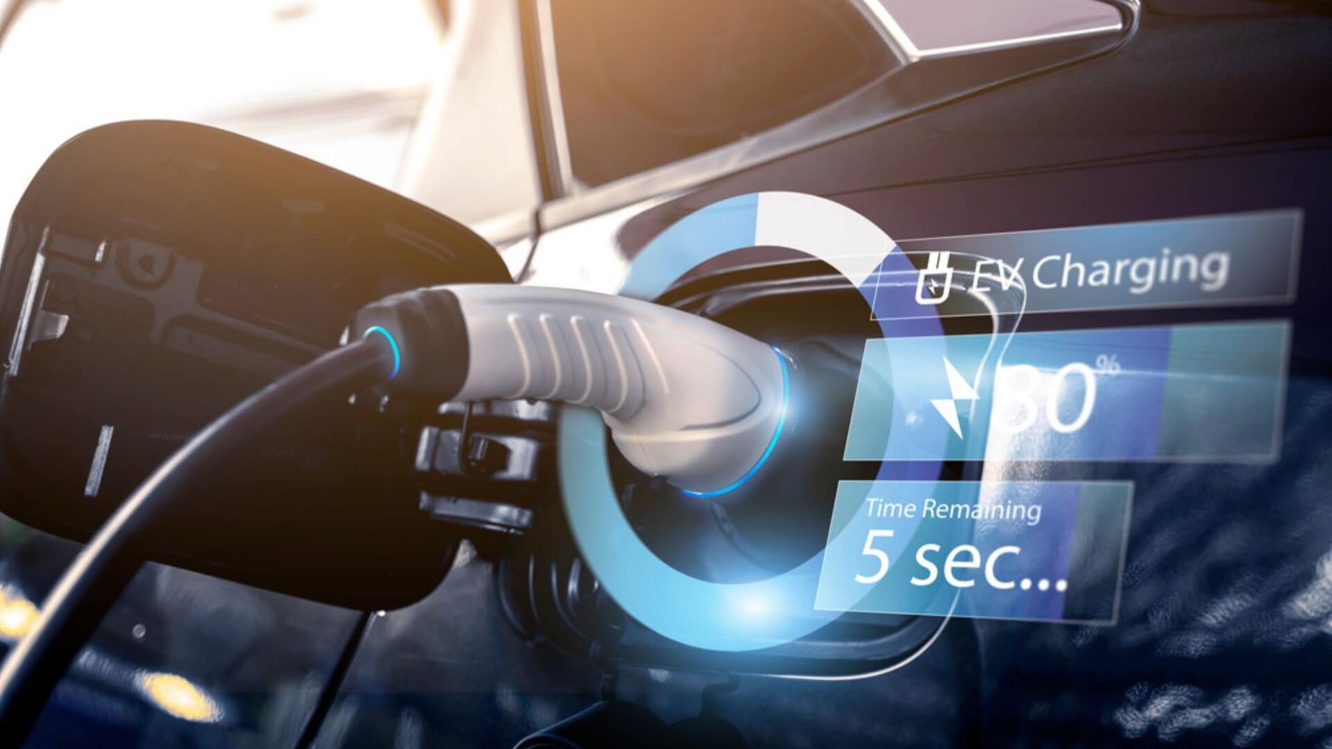 Close up of charger plugged into EV