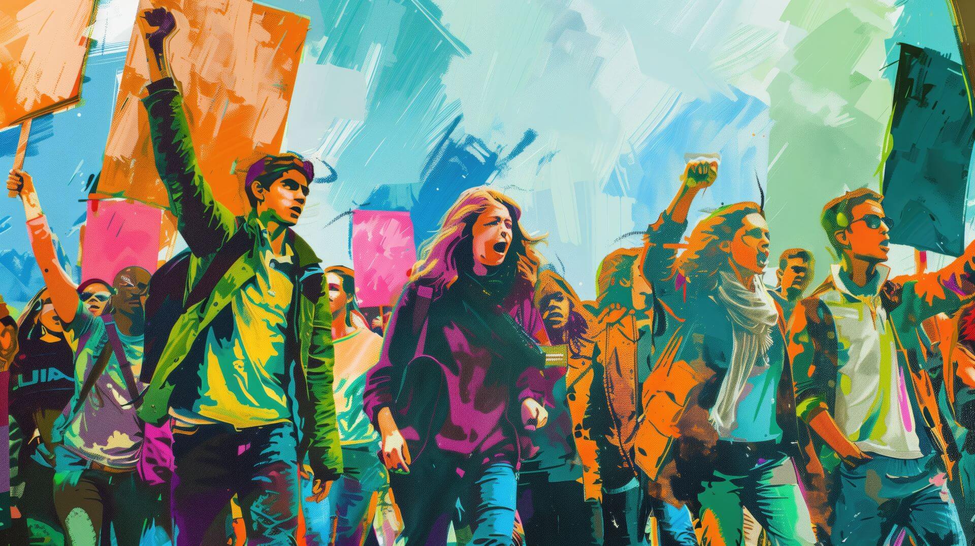 Bright colourful painting of protesting youth, some with fists raised