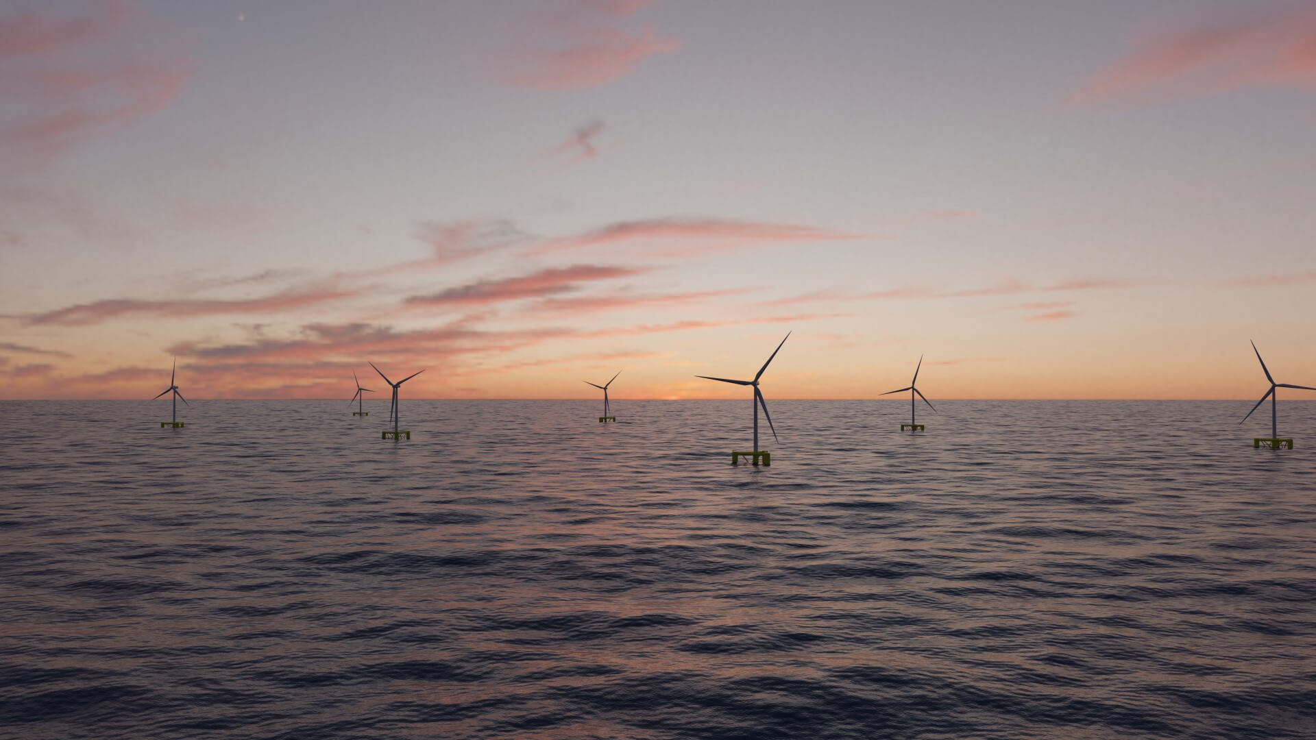 CGI rendering of floating wind turbines on calm sea
