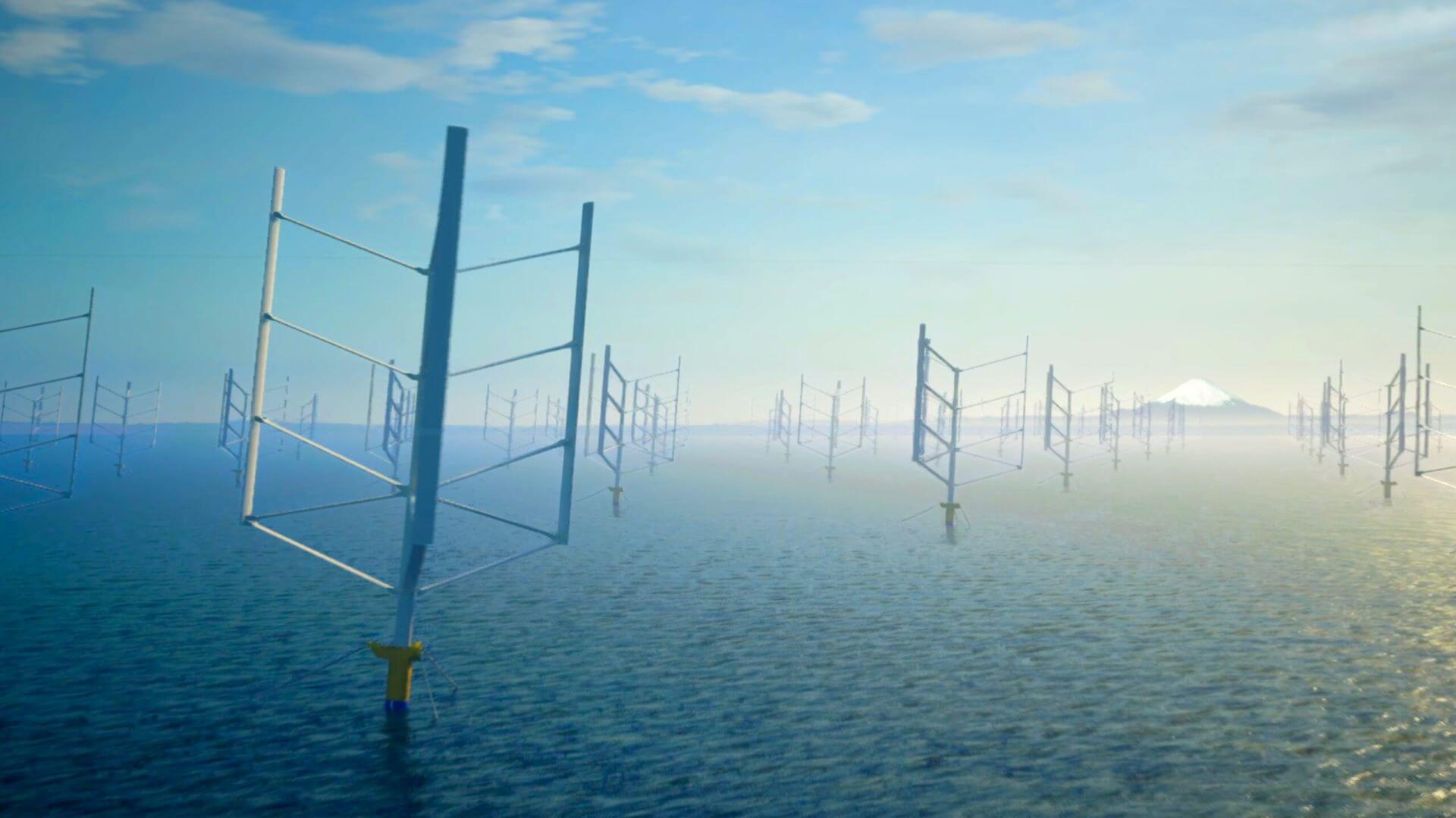 CGI rendering of offshore wind farm comprising banks of vertical axis floating wind turbines