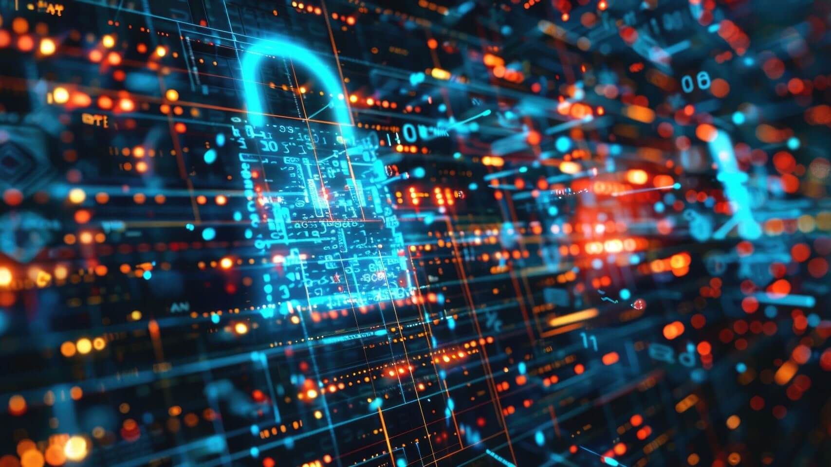 Computer generated image of blue locked padlock sitting within computer chip with flashes of orange and blue