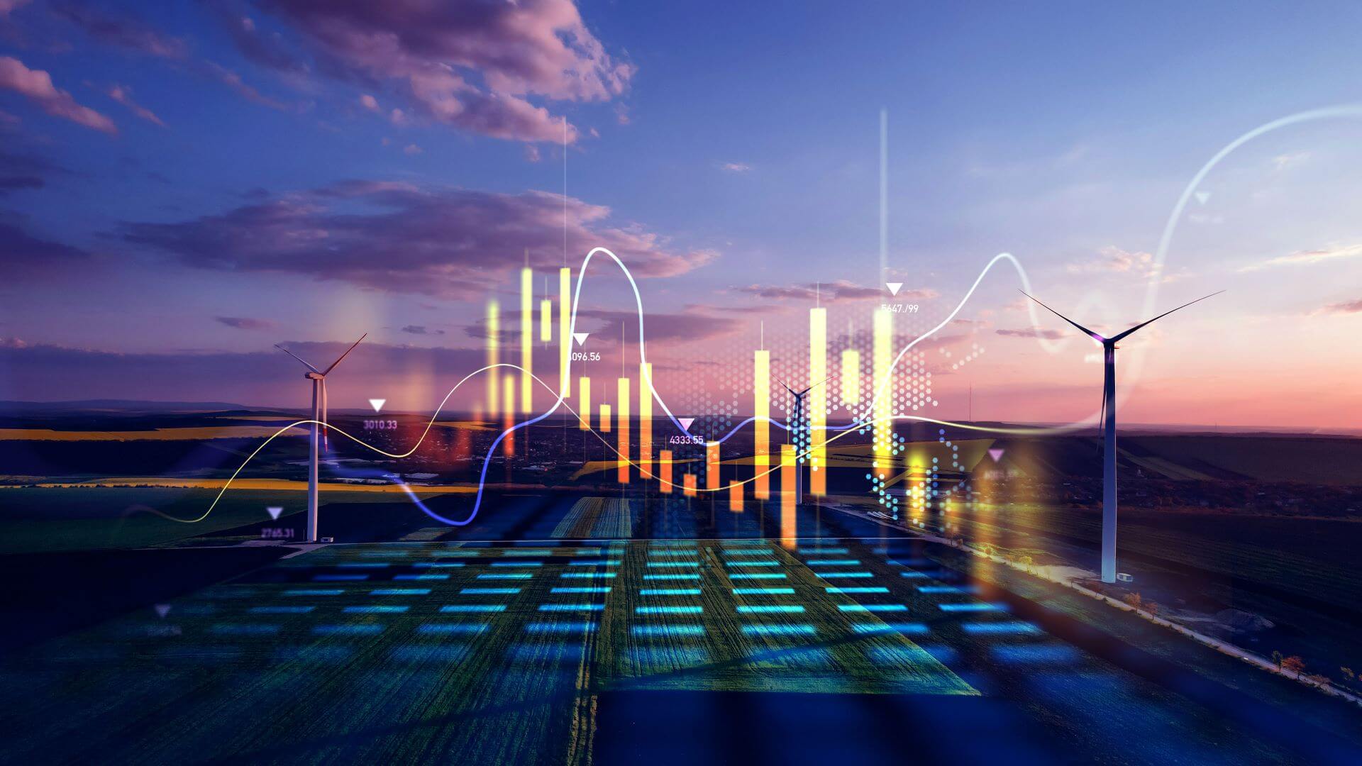 Artist's graphic of wind turbines at sunset with financial graphs
