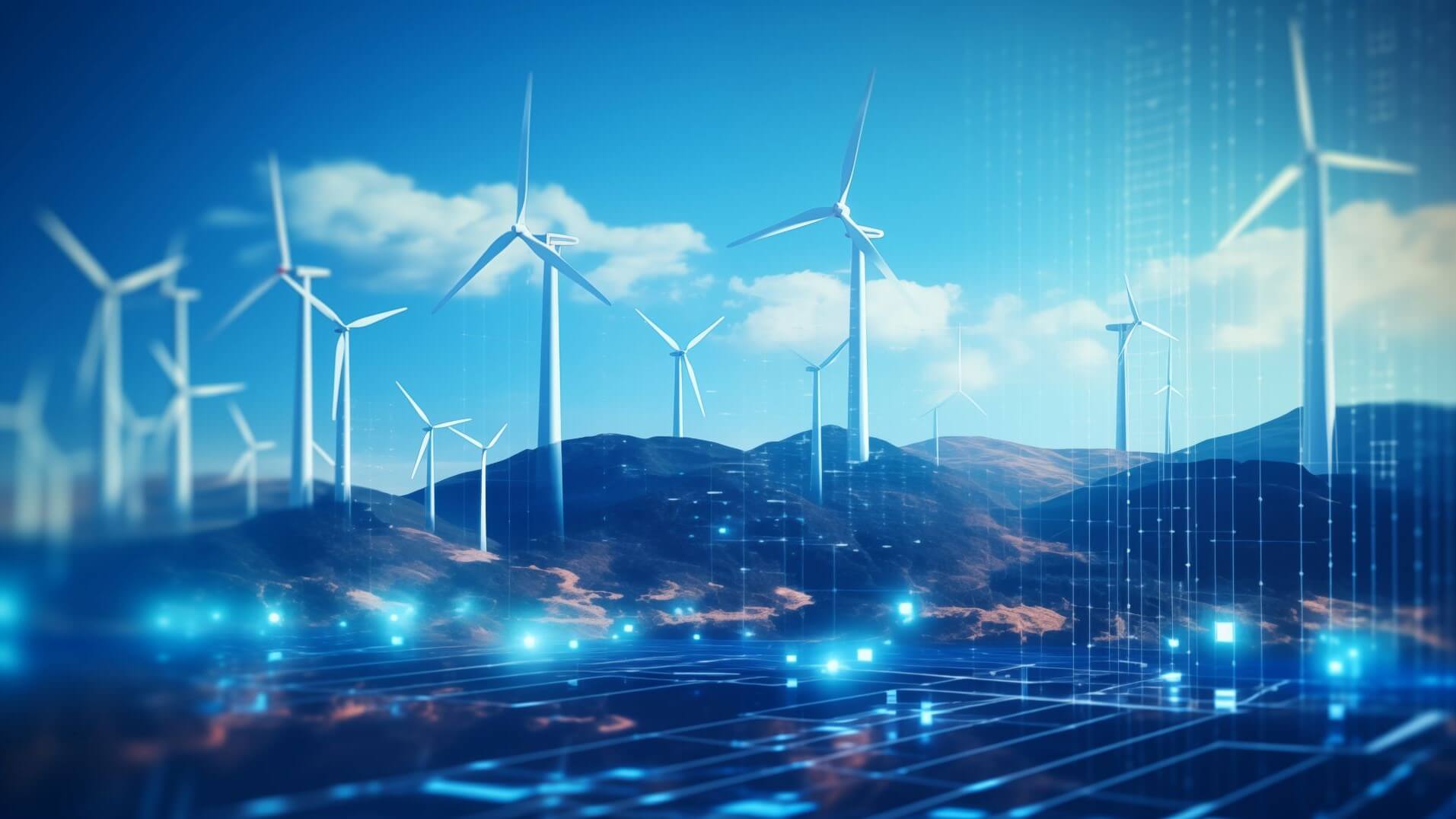 Graphic showing onshore wind turbines behind blue lines making a grid
