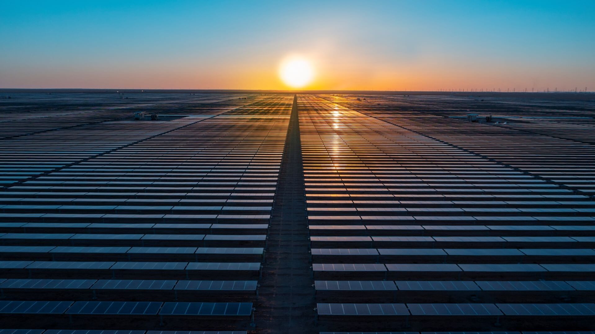 Row upon row of solar panels in desert, running left to right across image, with setting sun behind