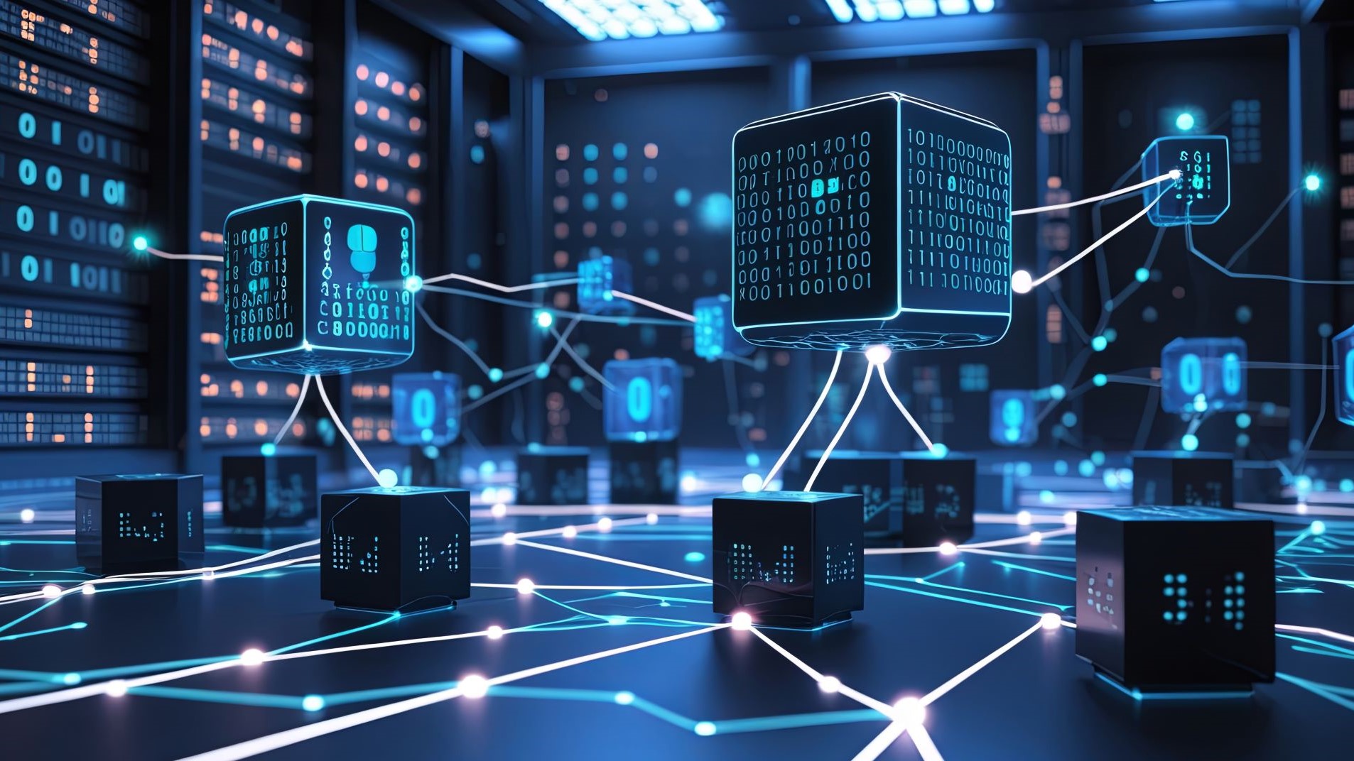 AI generated graphic of block chain network in data centre