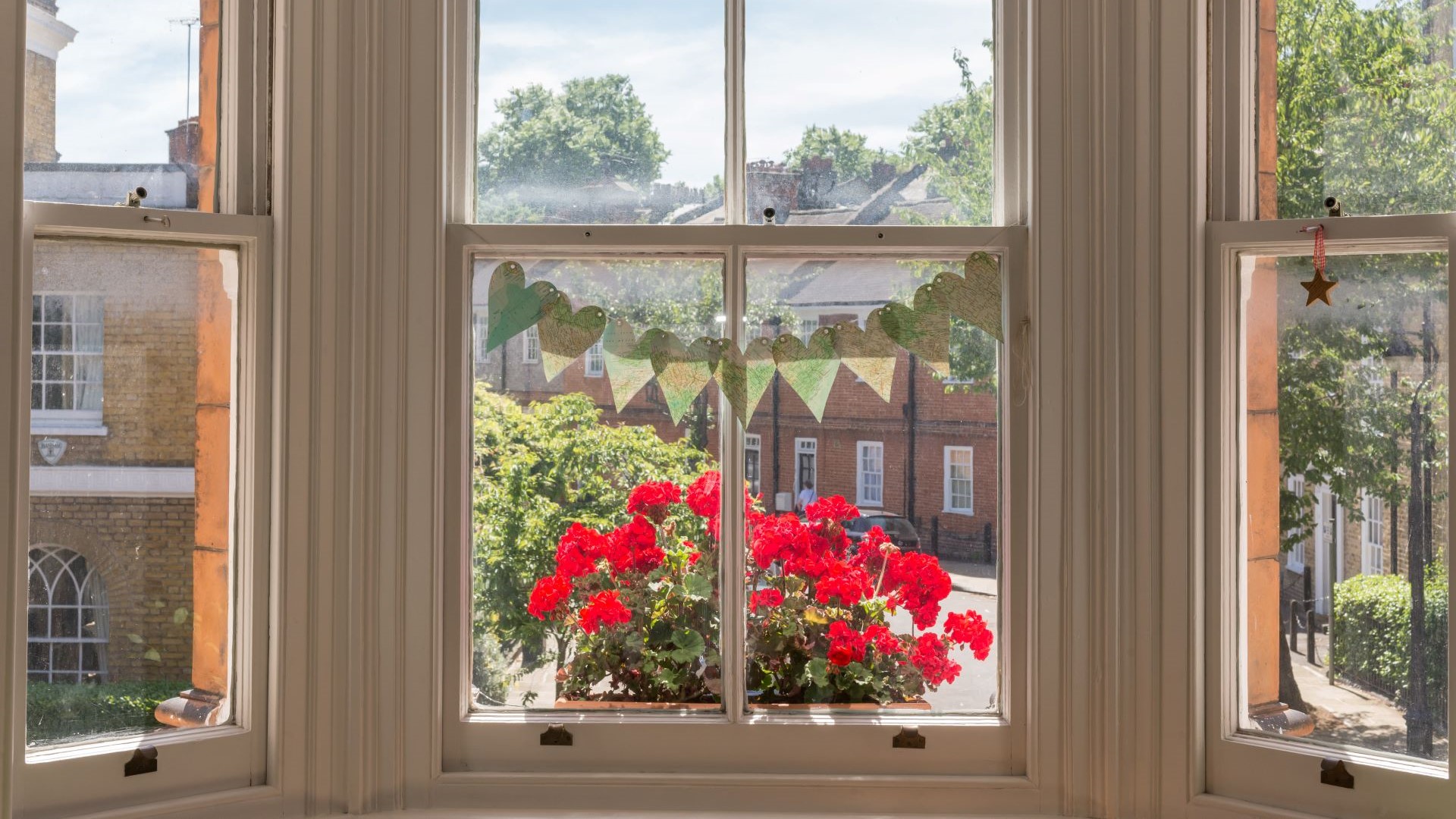 Interior shot of Victorian house sash window, looking to outside row of houses and trees, with red geranium flowers in window box