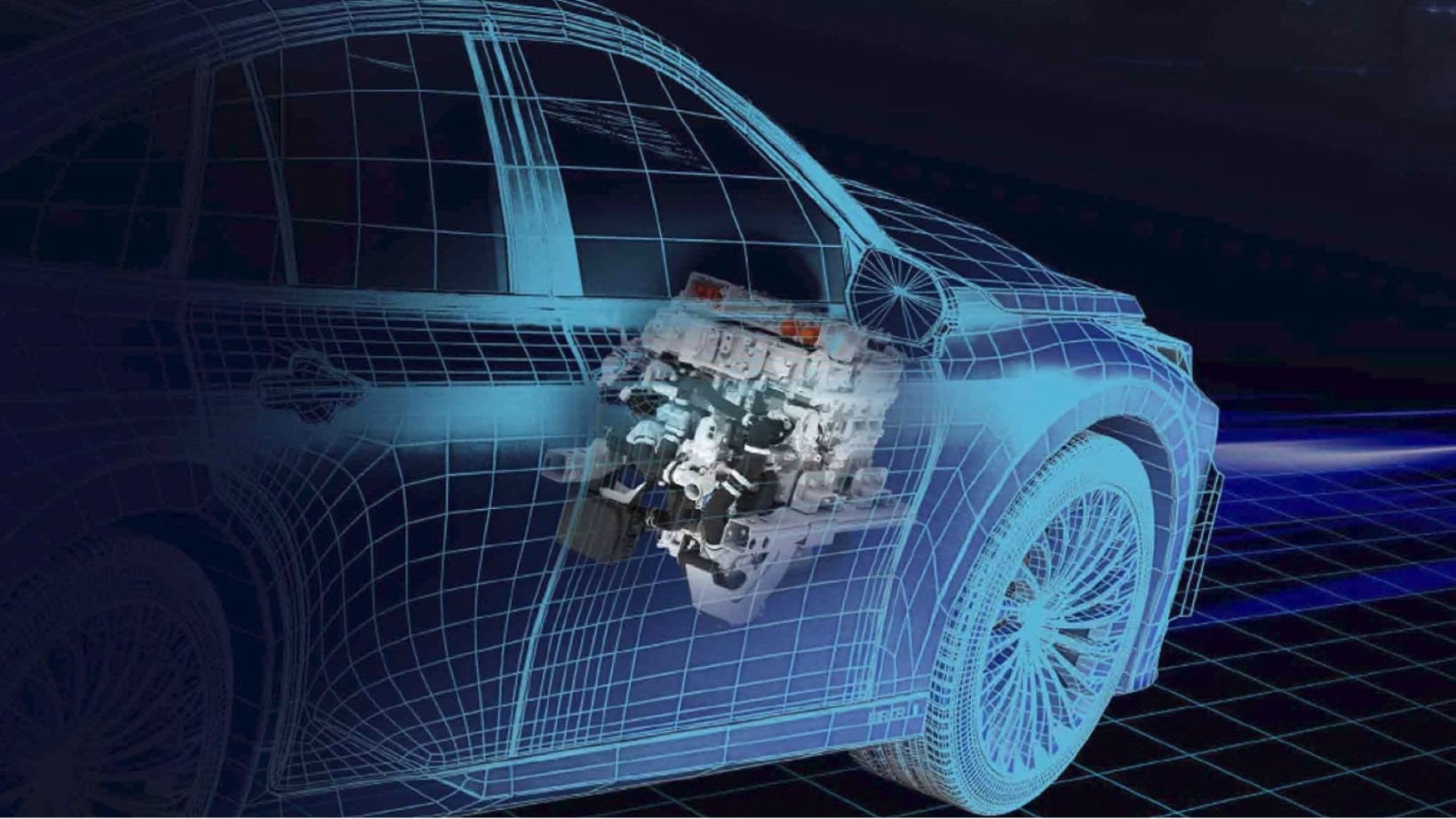 Blue outlined computer-drawn line image of electric vehicle showing life-like picture of motor powered by solid-state battery under bonnet