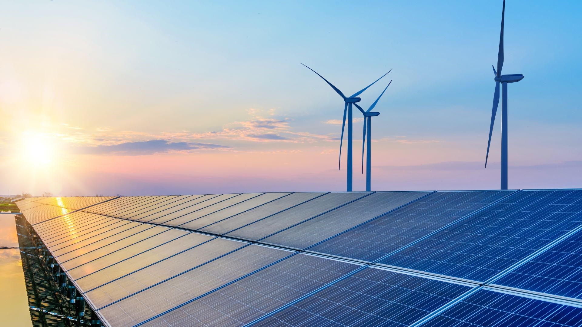 Row of solar panels with three wind turbines behind