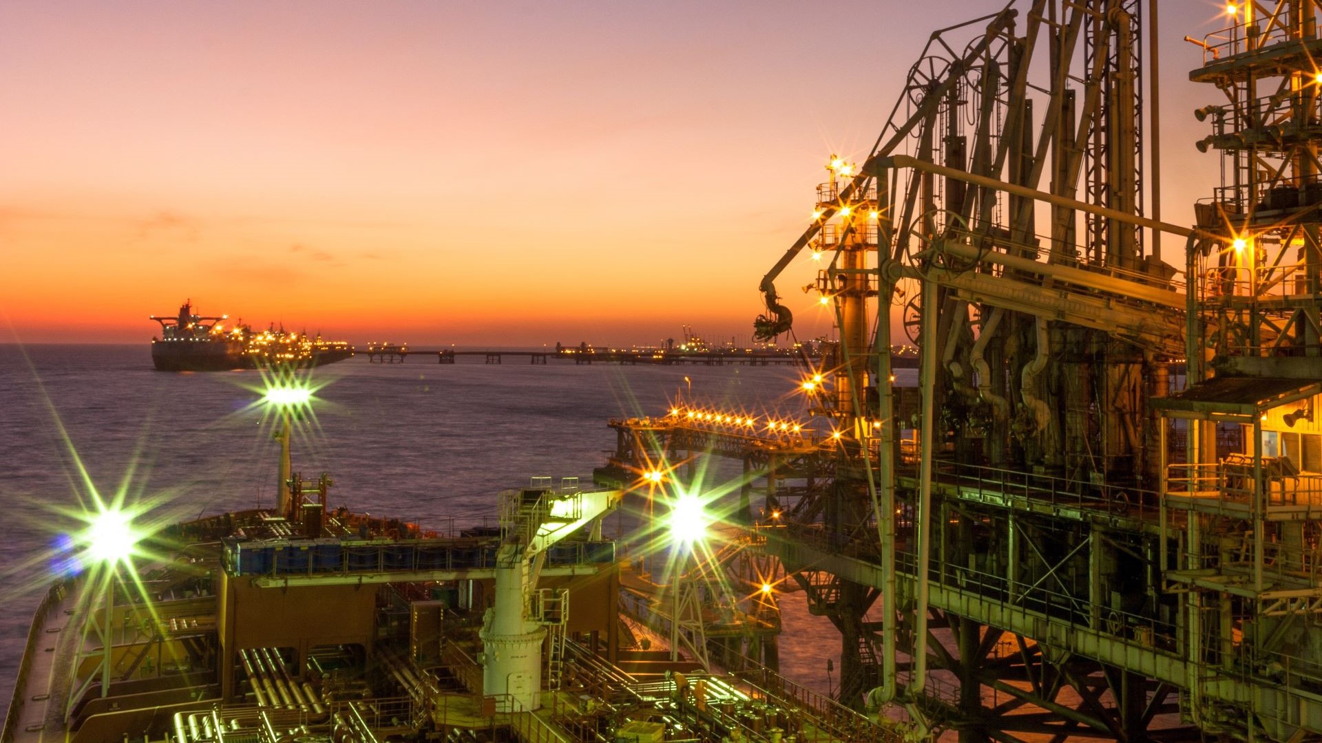 View from vessel of Al Jubail Industrial Port at dusk