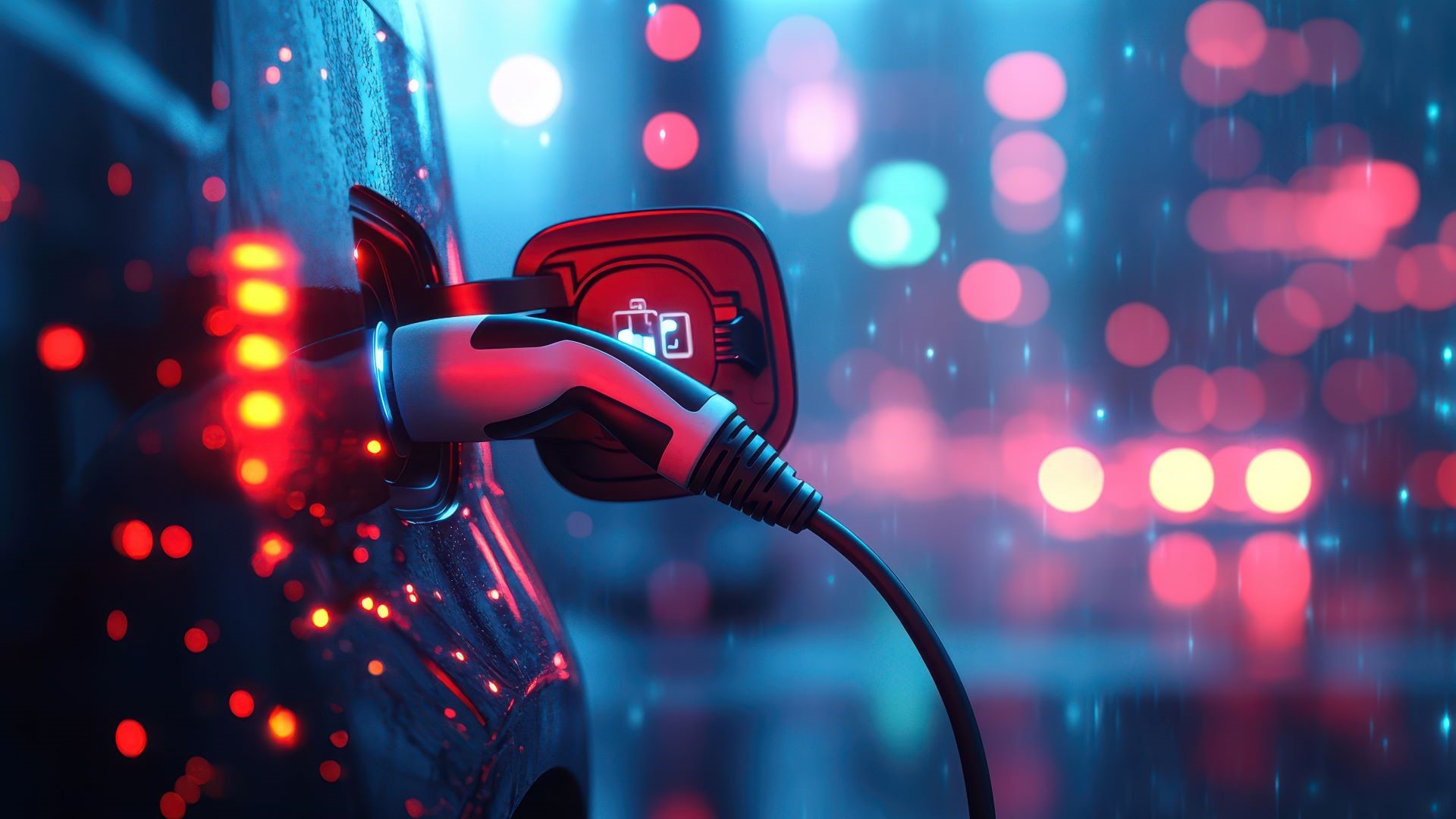 EV connector plugged into car in the rain