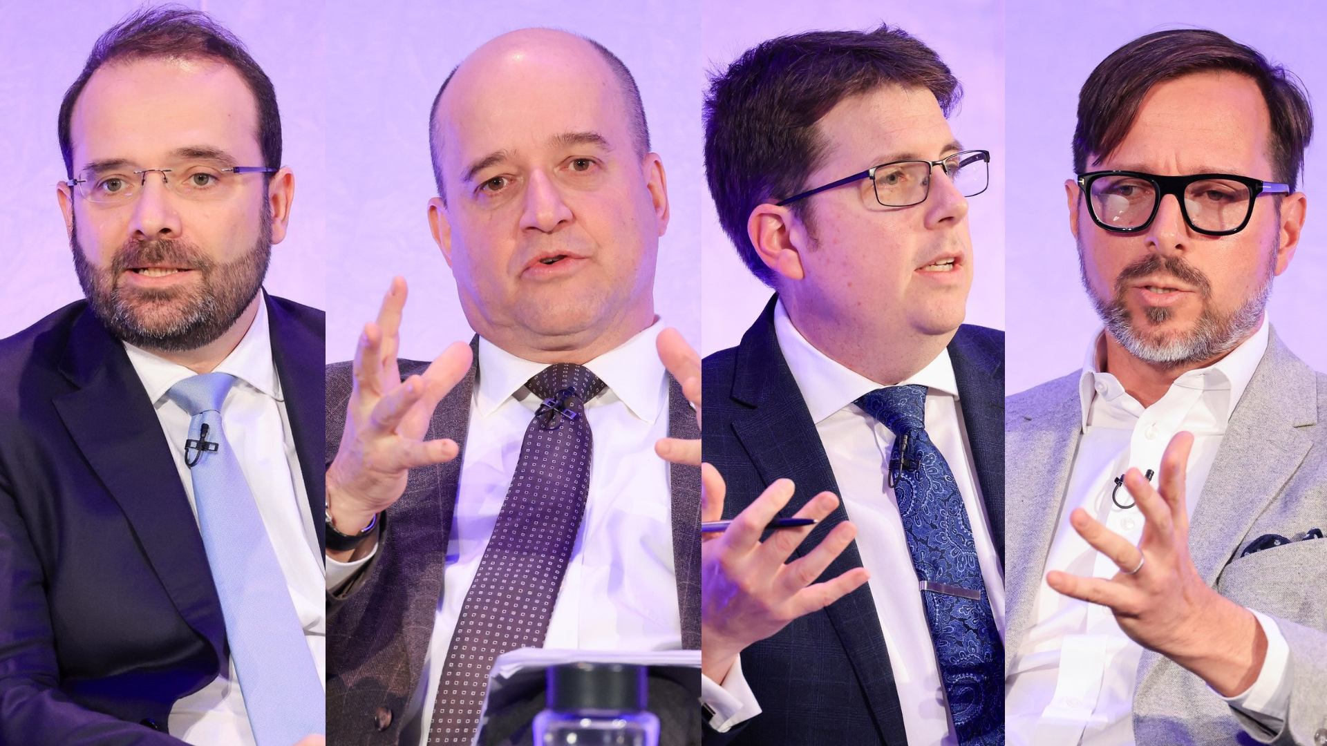 Four individual head and shoulder photos of men, speaking and gesticulating with hands, set side by side