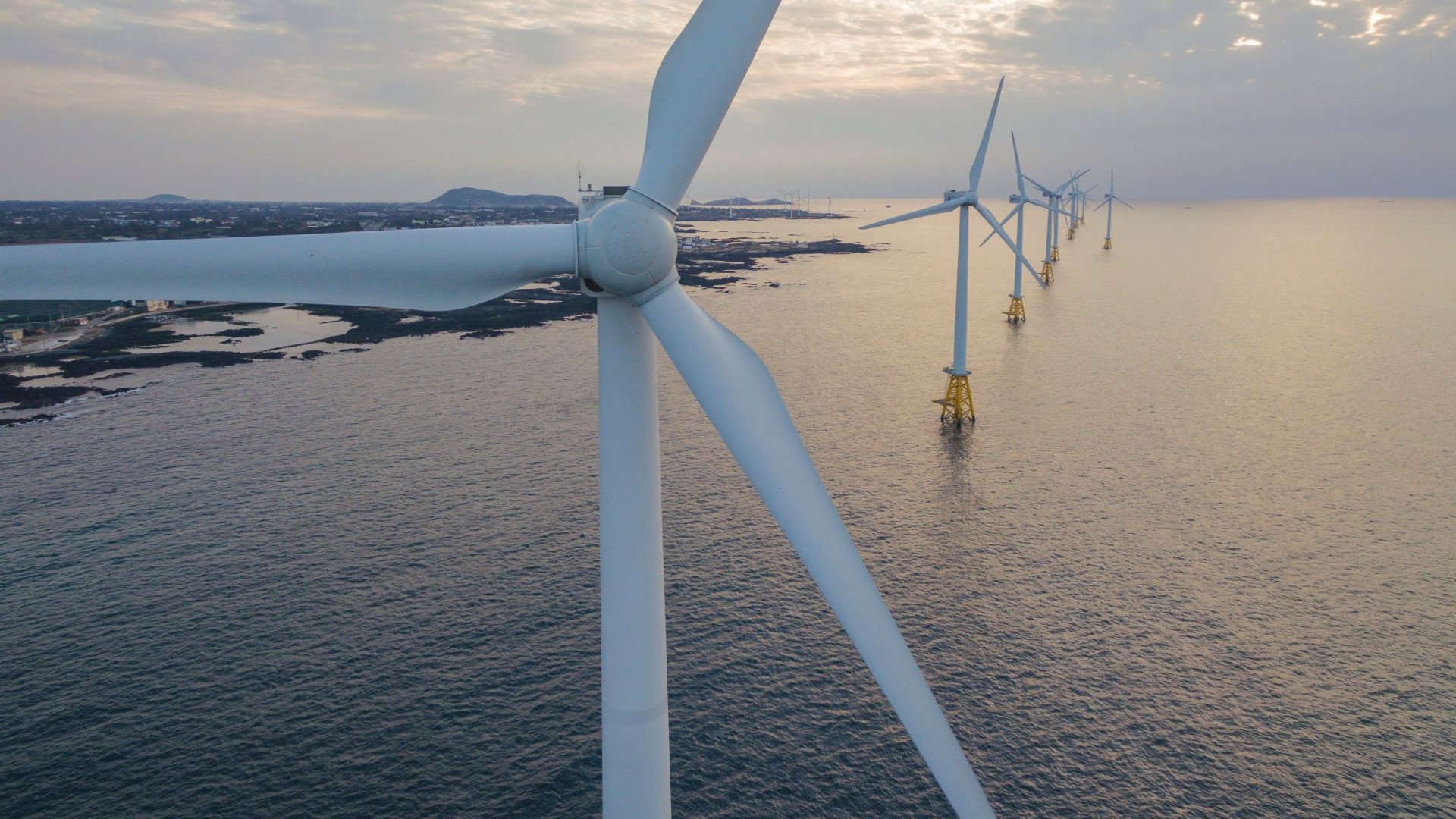 Close up of offshore wind turbine off Jeju island, South Korea