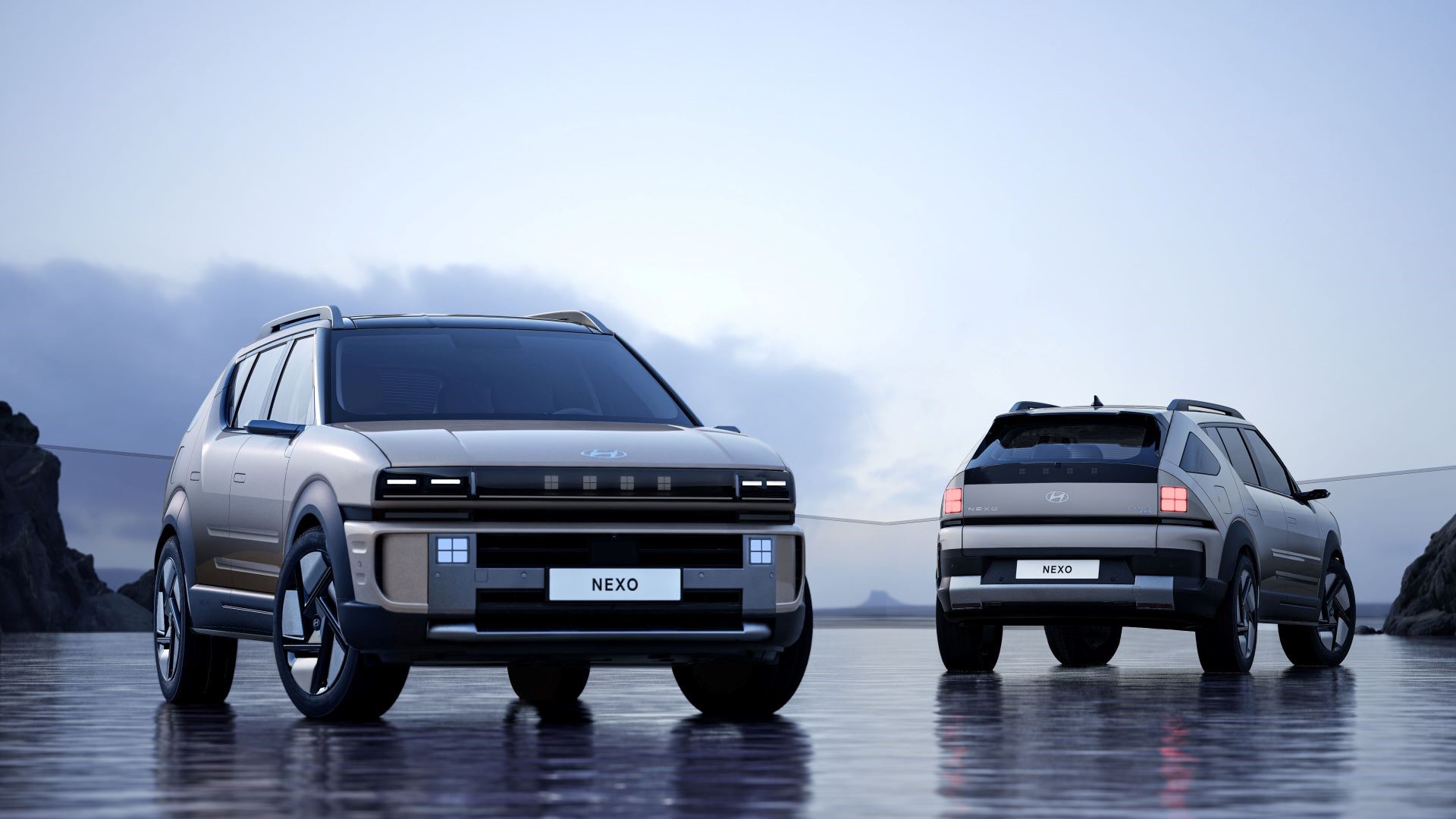 A couple of cars parked on a wet surface