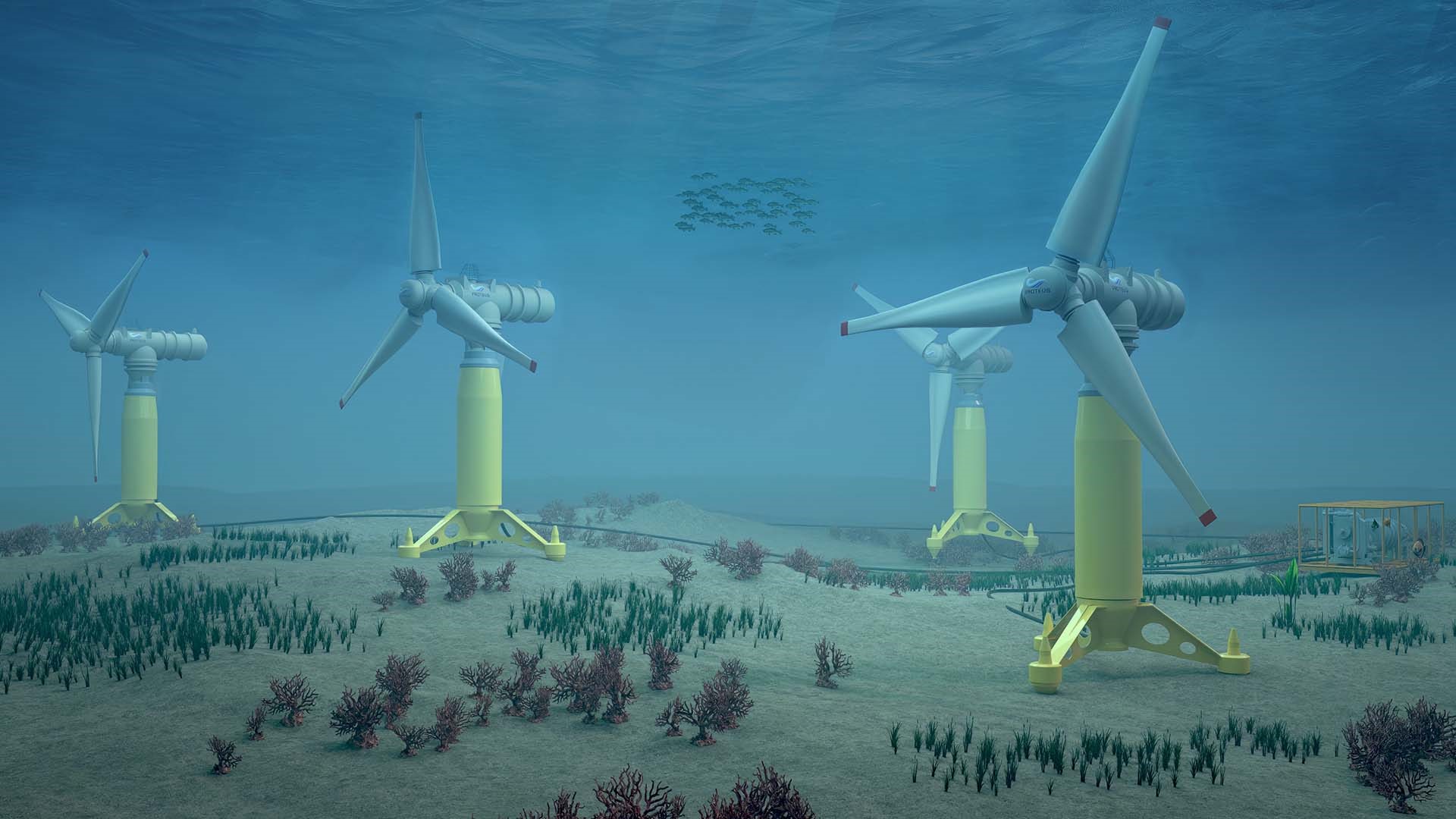 CGI image of four tidal turbines located the seabed: tripod feet supporting yellow column, with each column topped by three propellor blades