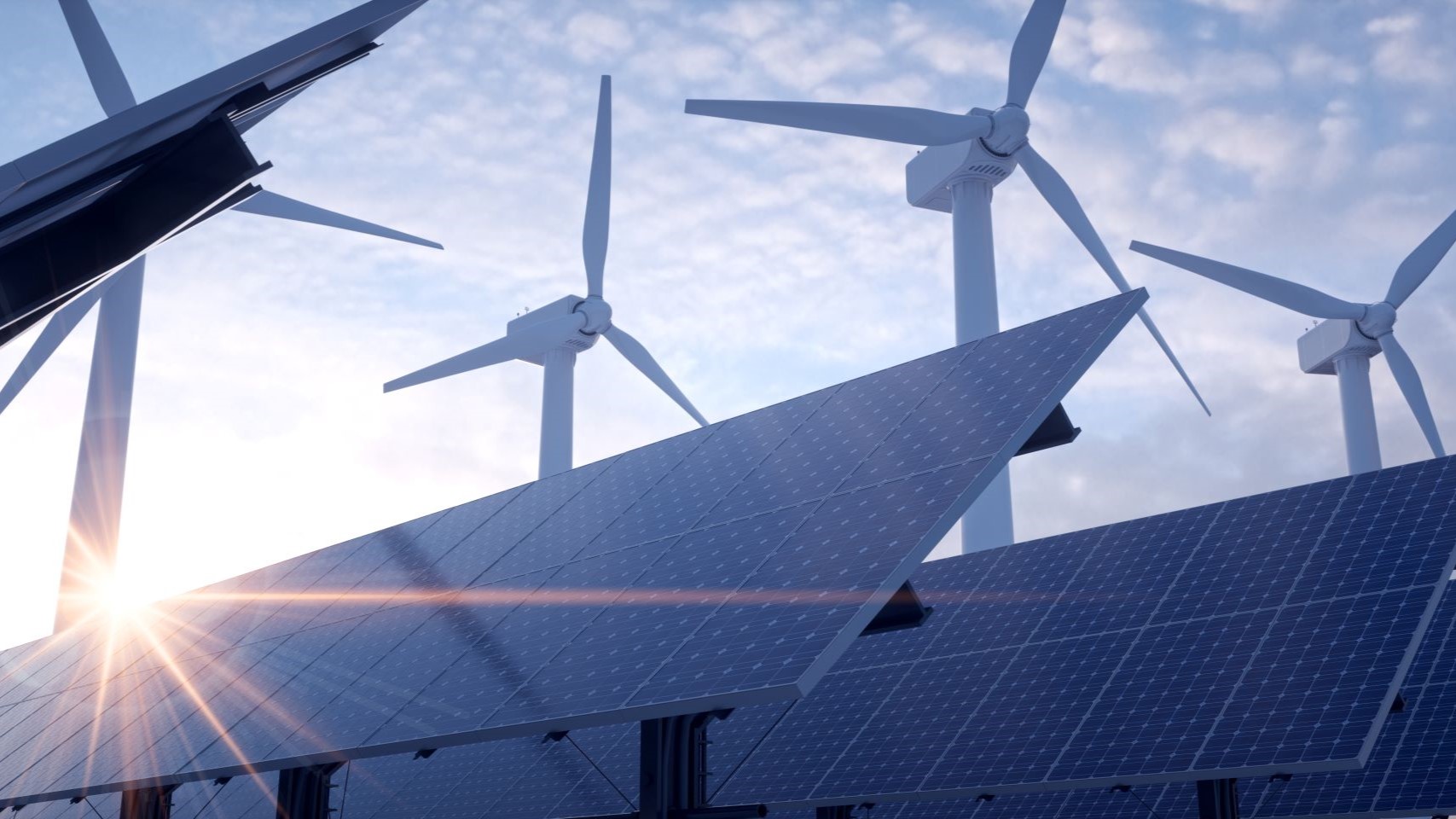 Group of solar panels and wind turbines