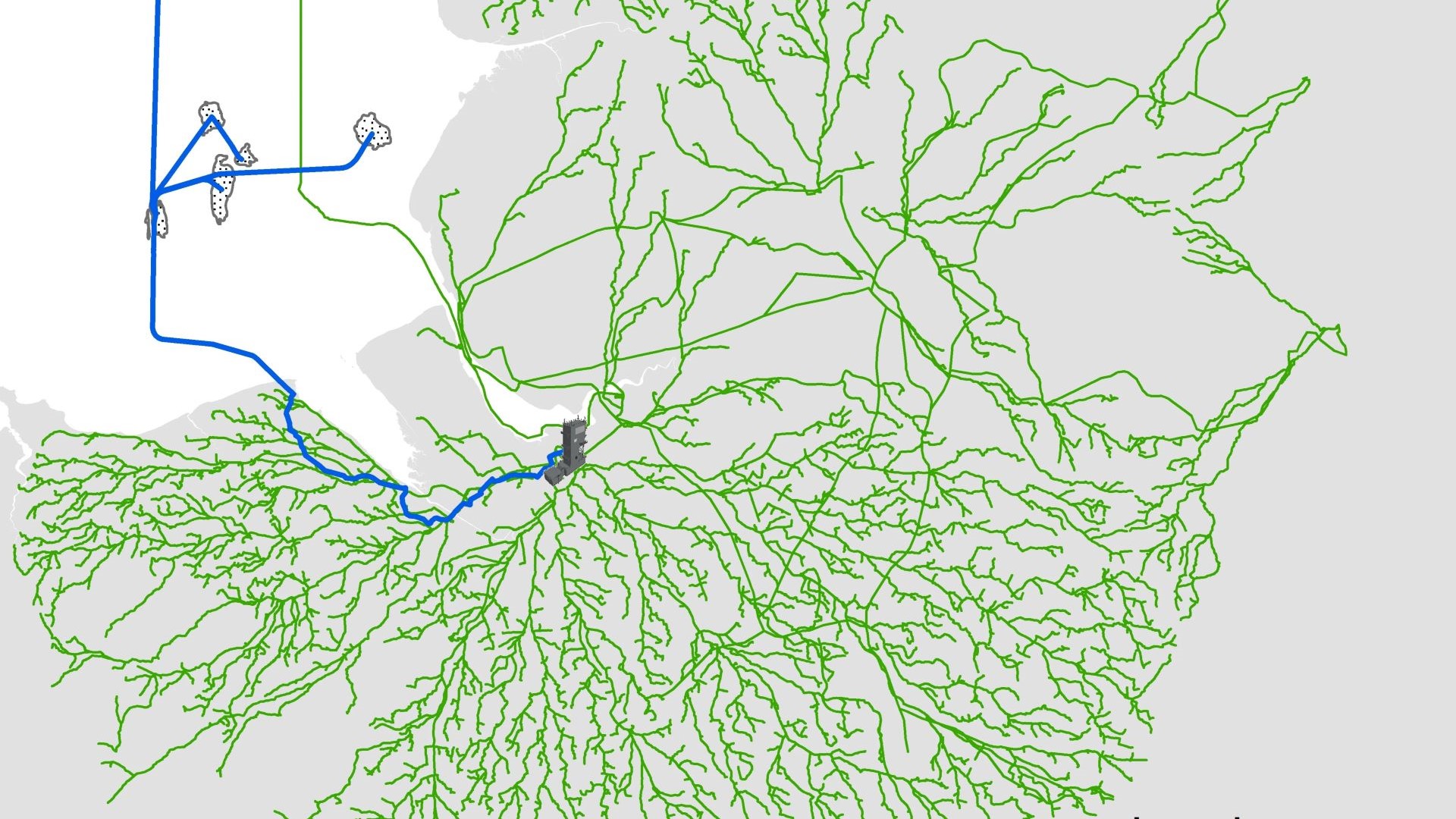 Graphic showing web of green lines representing biomass routes across land, and blue line across land and sea representing BECCS supply change storing CO2