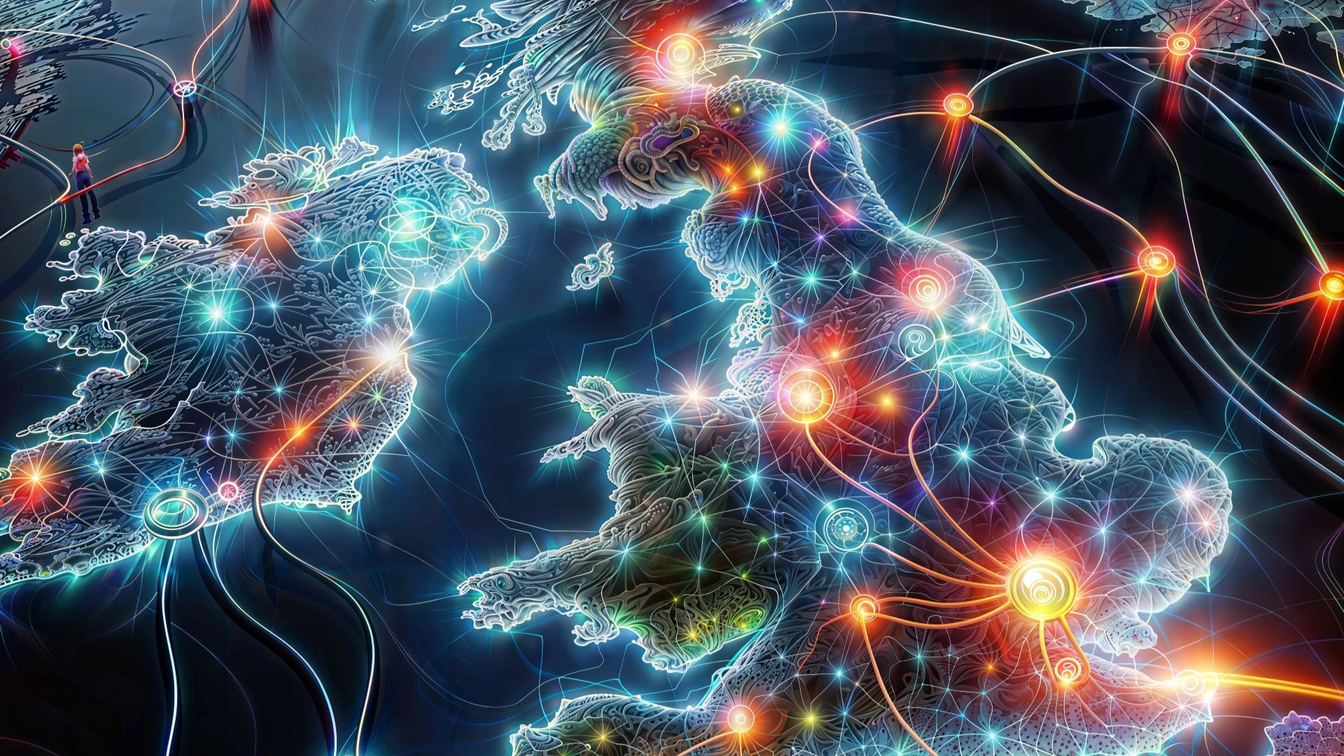 Computer generated map of Great Britain outlined in neon blue, against black backdrop, with centres of large energy demand represented by bright blue and orange red starbursts with blue and orange lines linking major supply routes