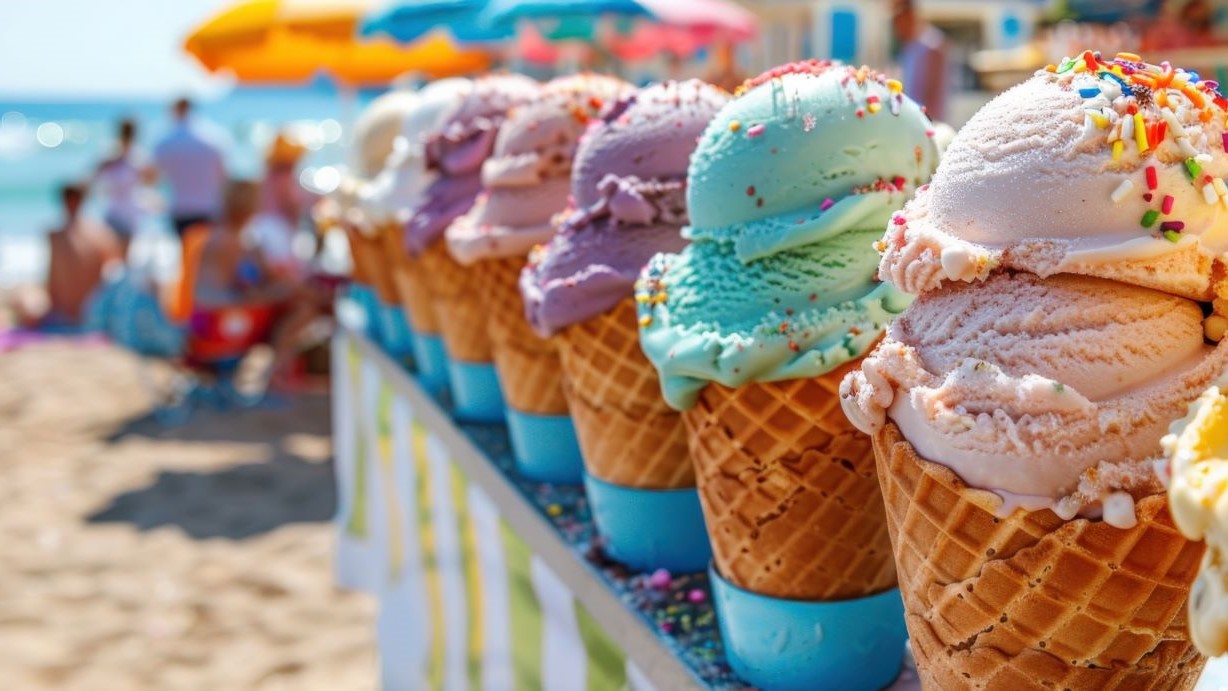 Row of pastel coloured ice cream in cones, with a blurred beach scene behind