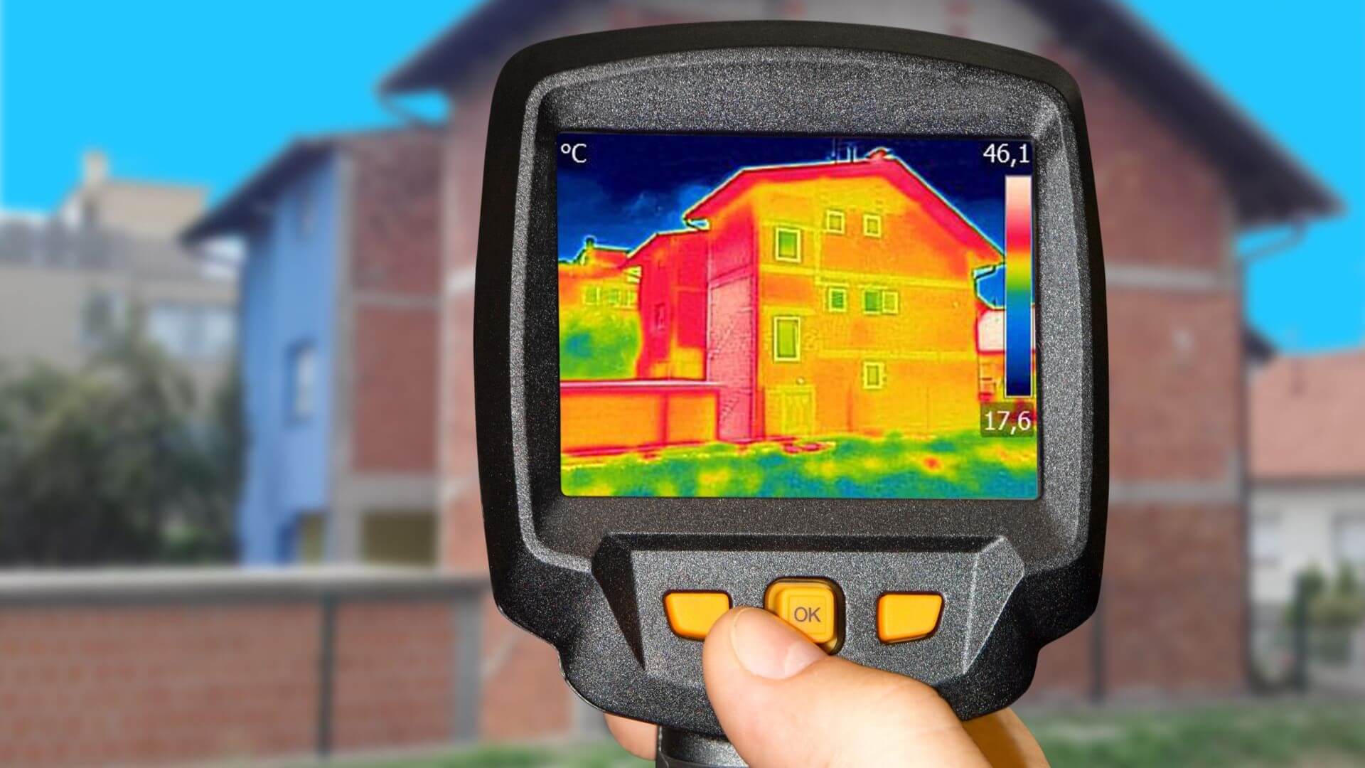 Thermal imaging camera pointed at a house