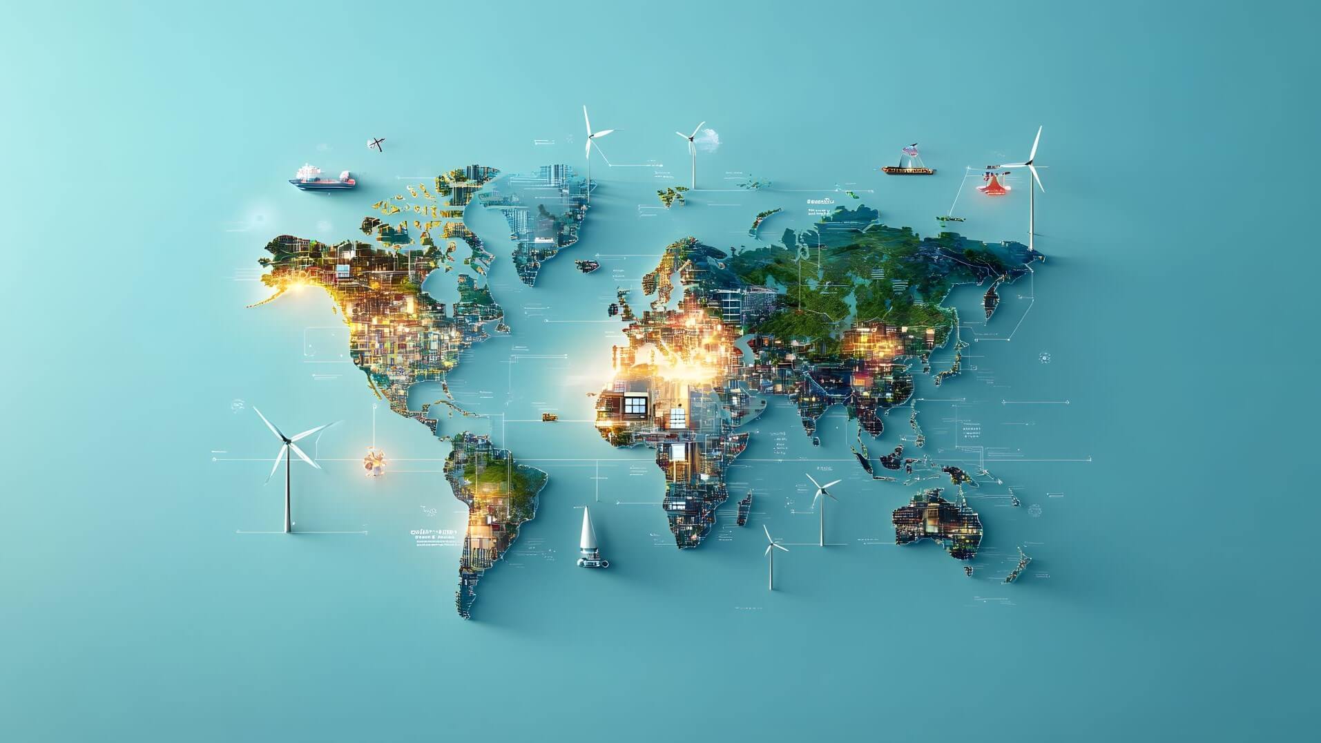 AI generated map of the world with lights and wind turbines