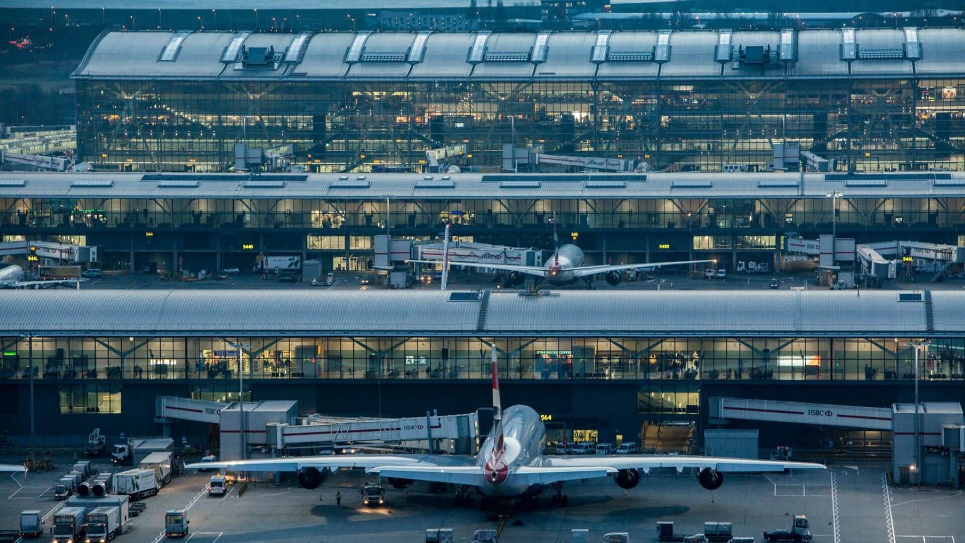 Exterior view of terminal buildings and aircraft at Heathrow