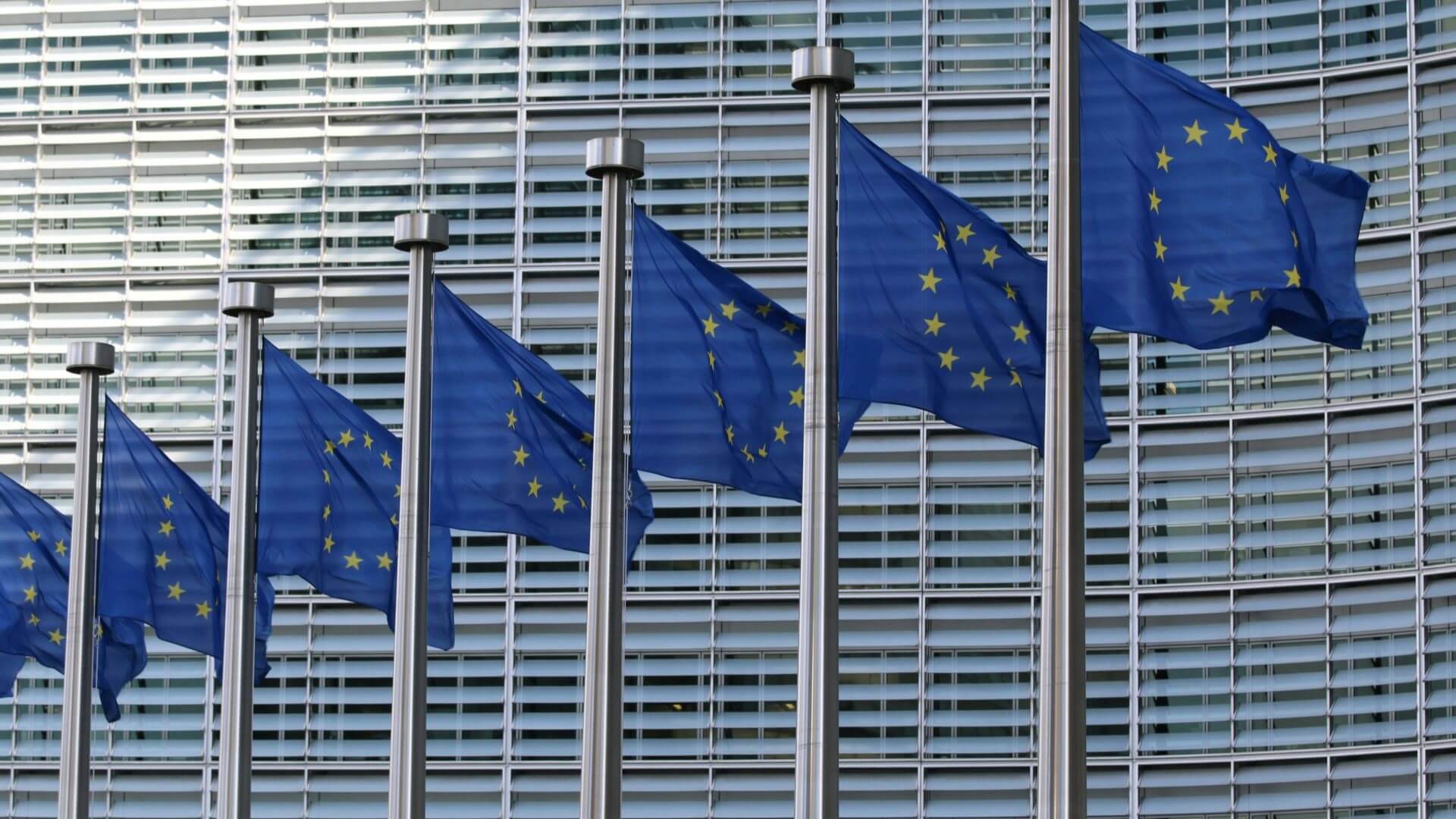 EU flags flying in front of building