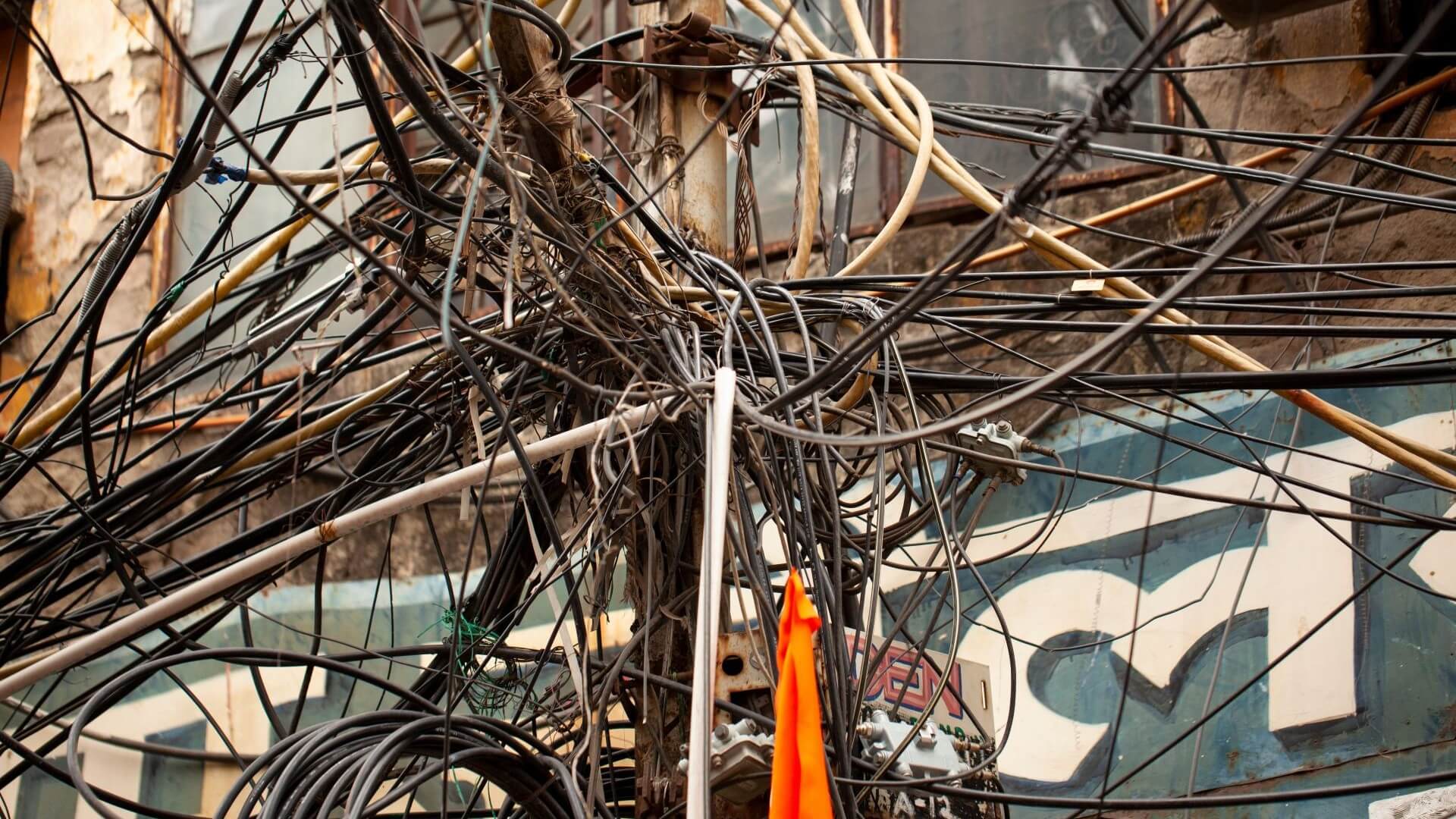 Close up of tangled mass of electricity cables 