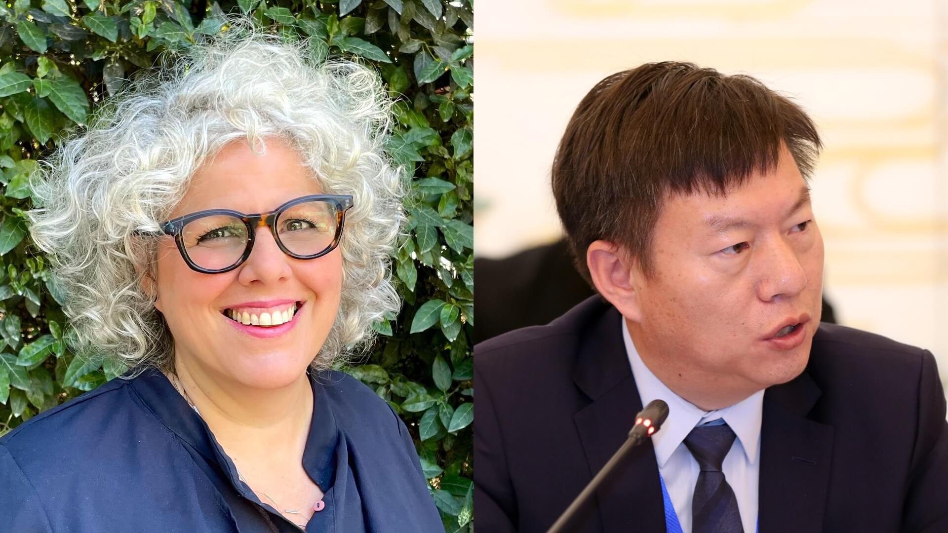 Two head and shoulders photos, one on left is of womanstanding against green leafy foliage; the second is of a man standing, with a grey building behind