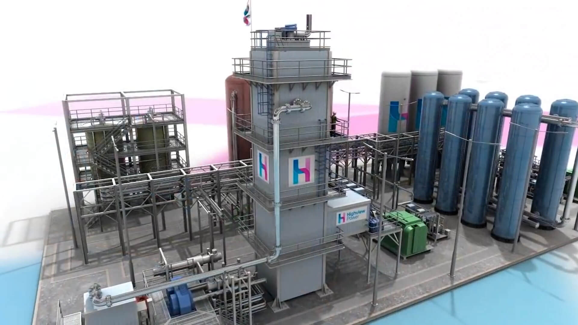 Computer generated image of an industrial facility with lots of pipework and rectangular and cylindrical units