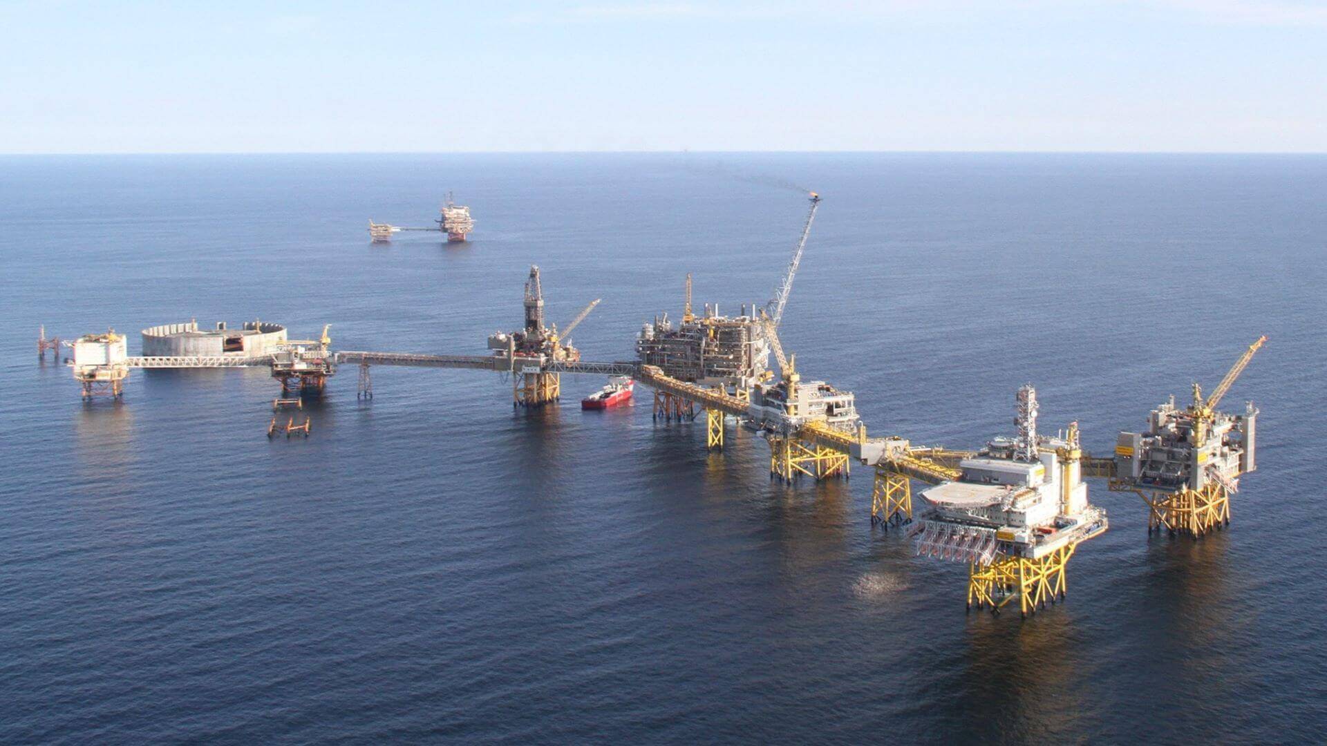 Aerial view of offshore oil field complex
