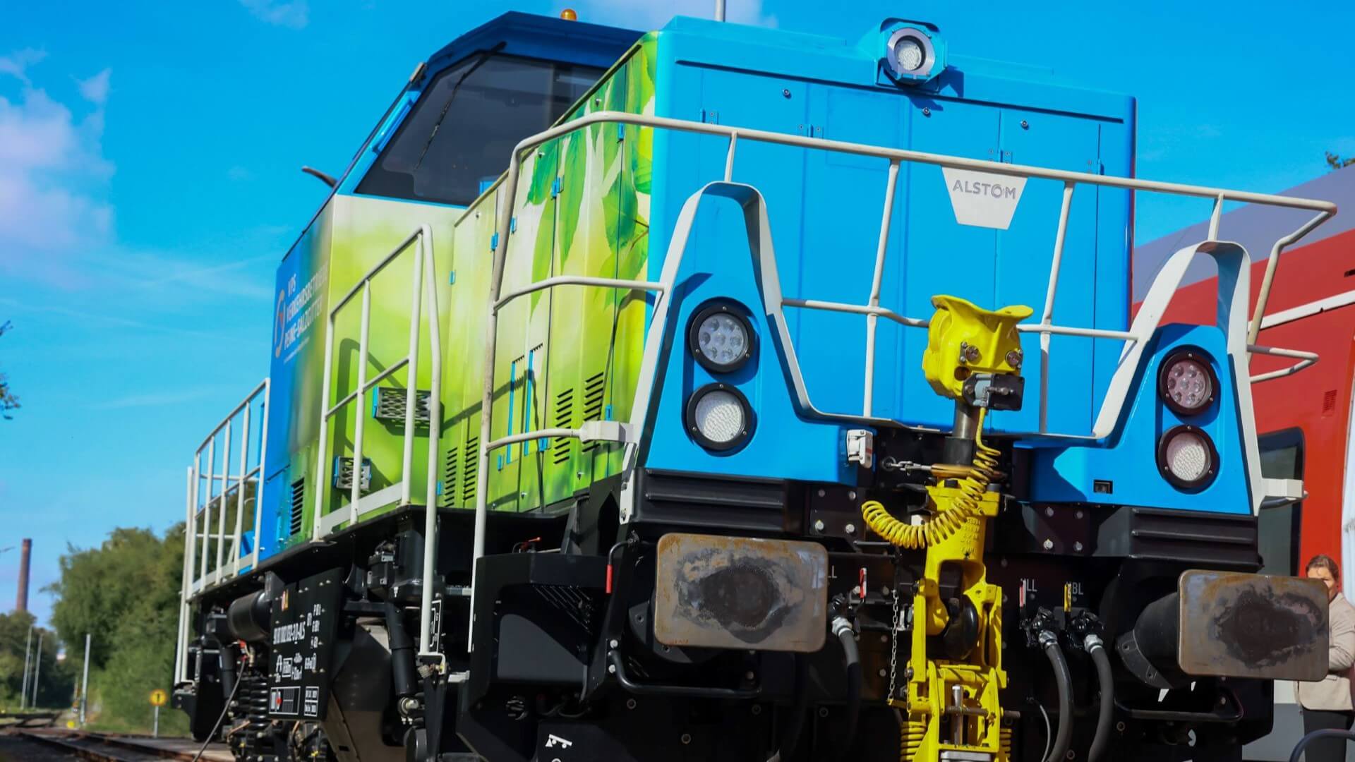 A blue and green train