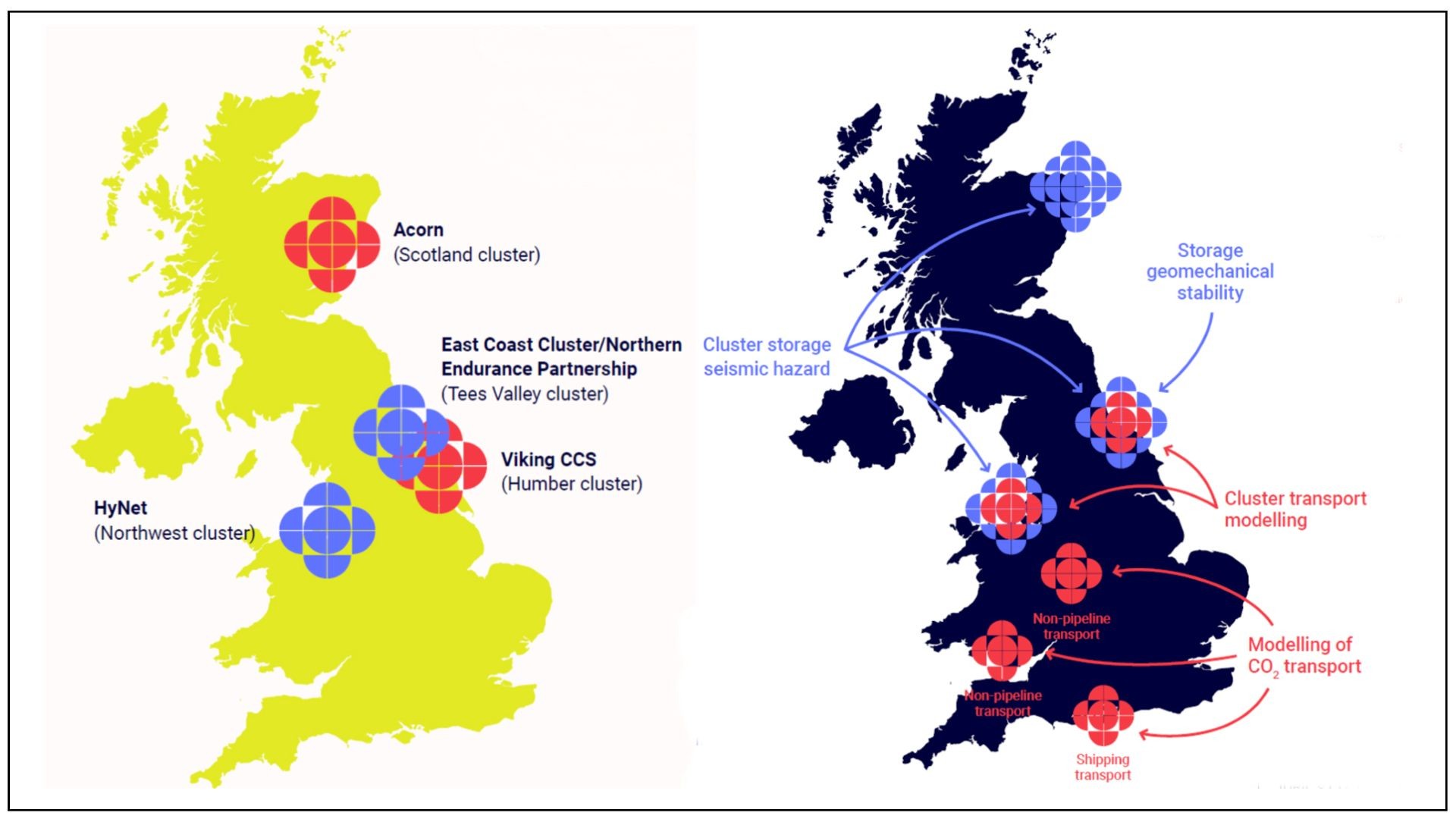 Two UK maps set side by side, showing location and details of carbon clusters