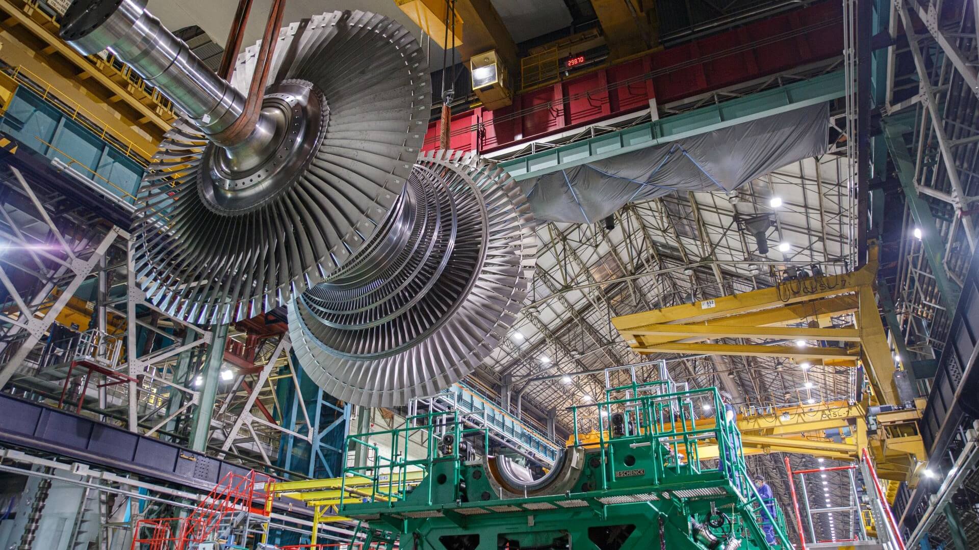 A steam turbine being assembled 